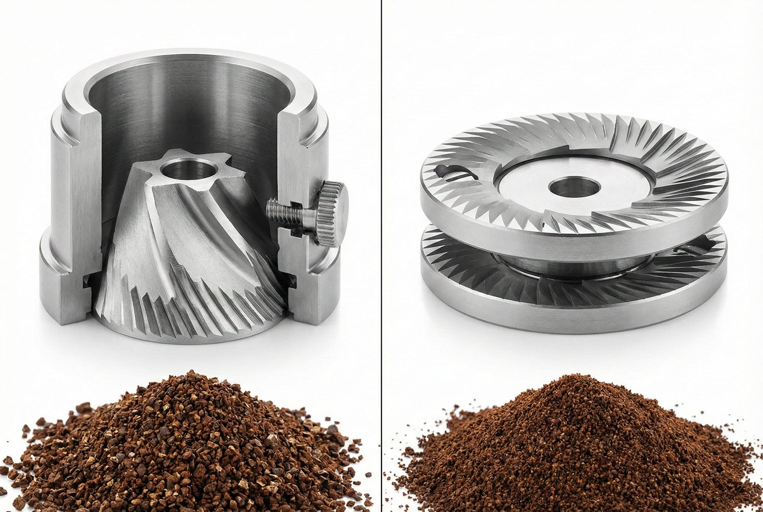 Side-by-side comparison of conical burrs and flat burrs showing different grinding mechanisms and particle distribution