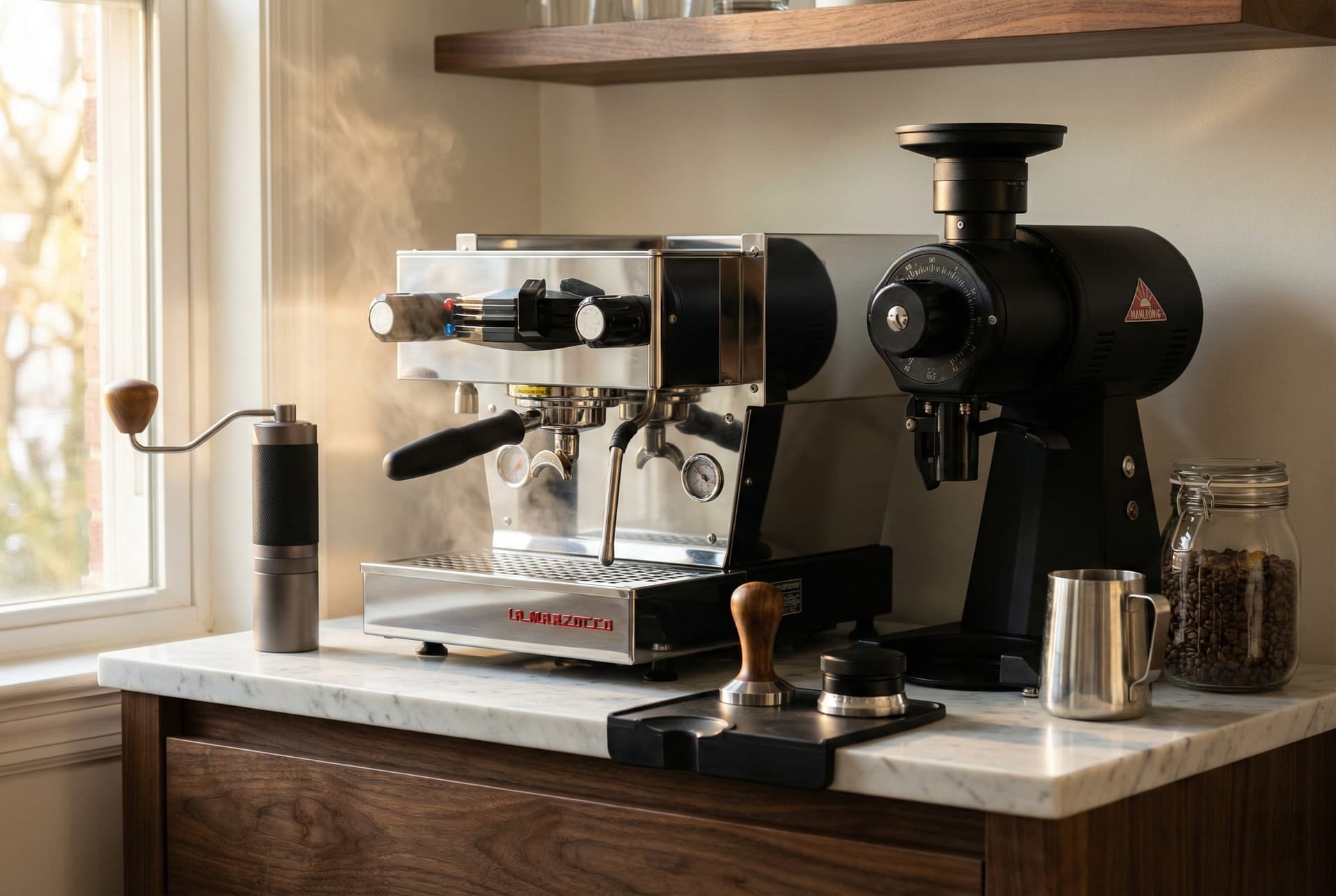 Home coffee station showing both manual and electric grinders side by side on kitchen counter with espresso machine