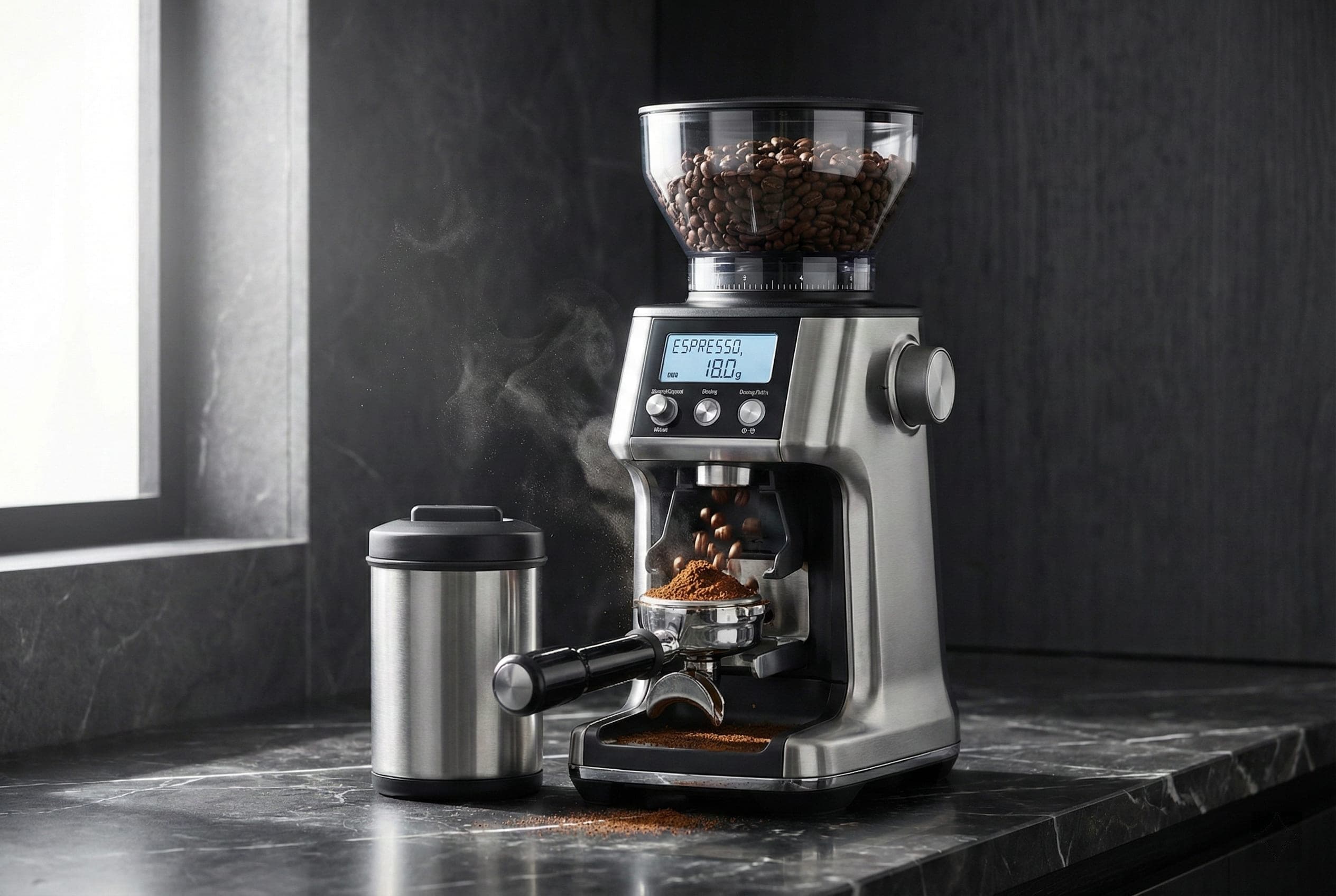 Electric burr grinder grinding fresh coffee beans showing hopper, dosing chamber, and ground coffee collection