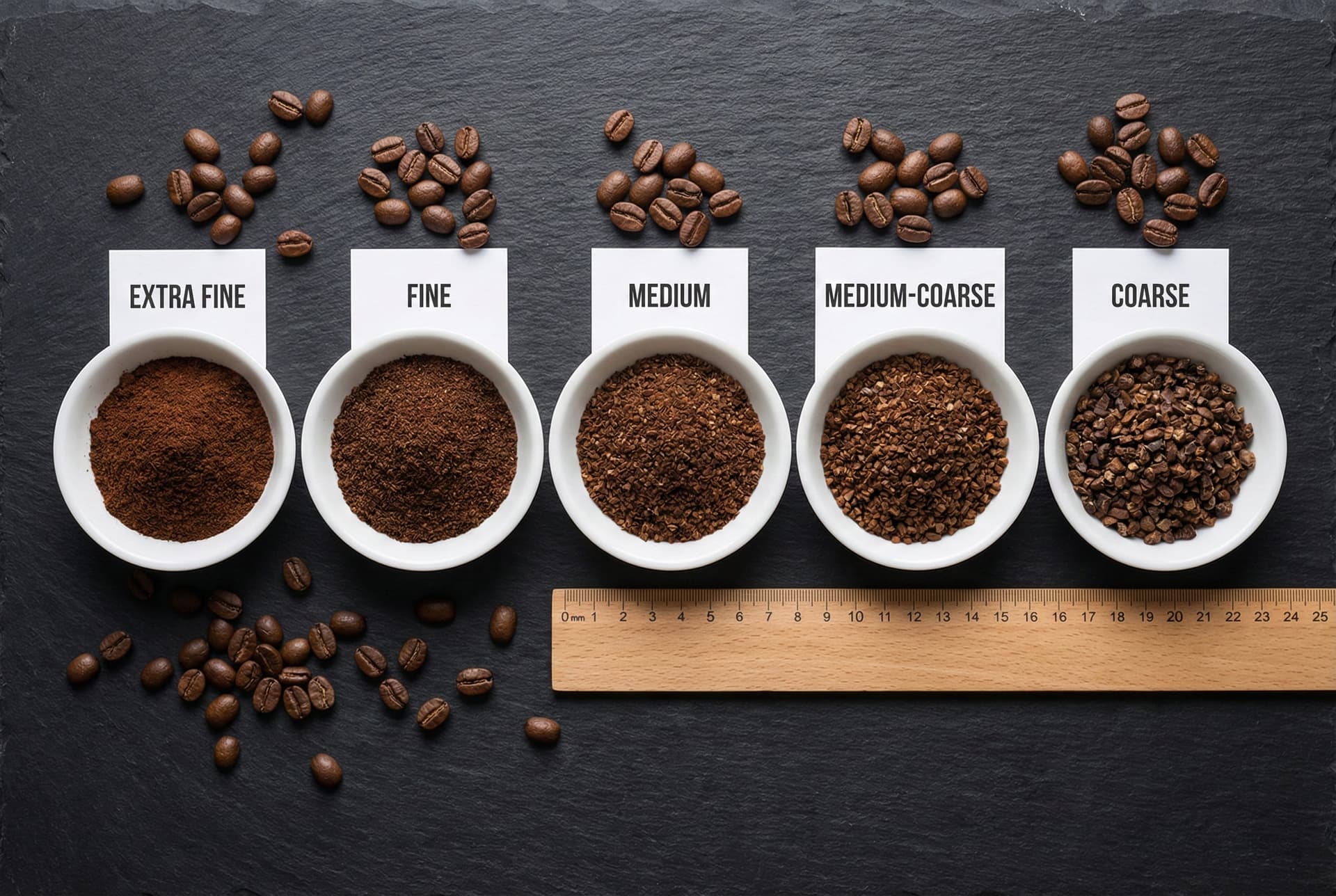 Display of different coffee grind sizes from extra fine espresso to coarse French press showing particle consistency