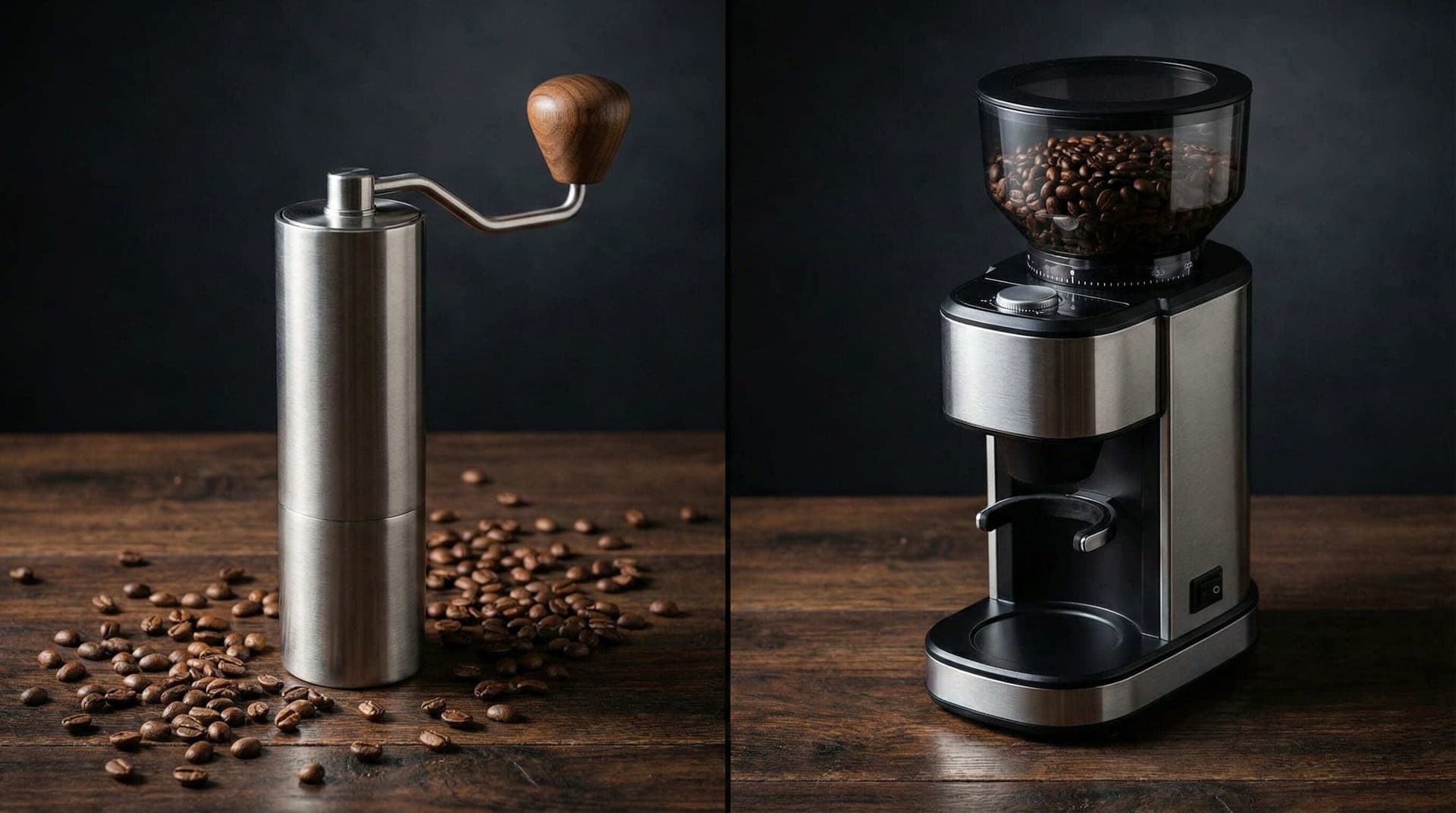 Side-by-side comparison of a manual hand grinder and an electric burr grinder on a kitchen counter