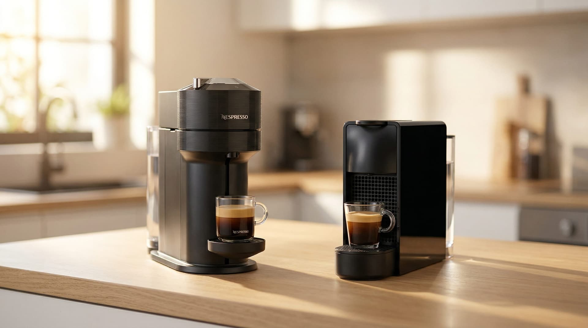 Nespresso Vertuo machine alongside Nespresso Original Line machine on a wooden kitchen counter — nespresso vertuo vs original comparison