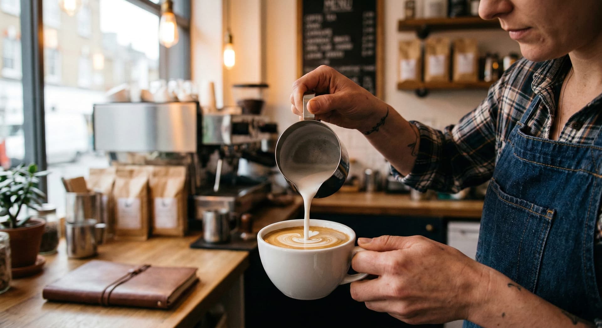 Barista pouring textured milk from a small pitcher into a white ceramic cup with a double espresso shot, showing microfoam beginning to mix with crema for a flat white