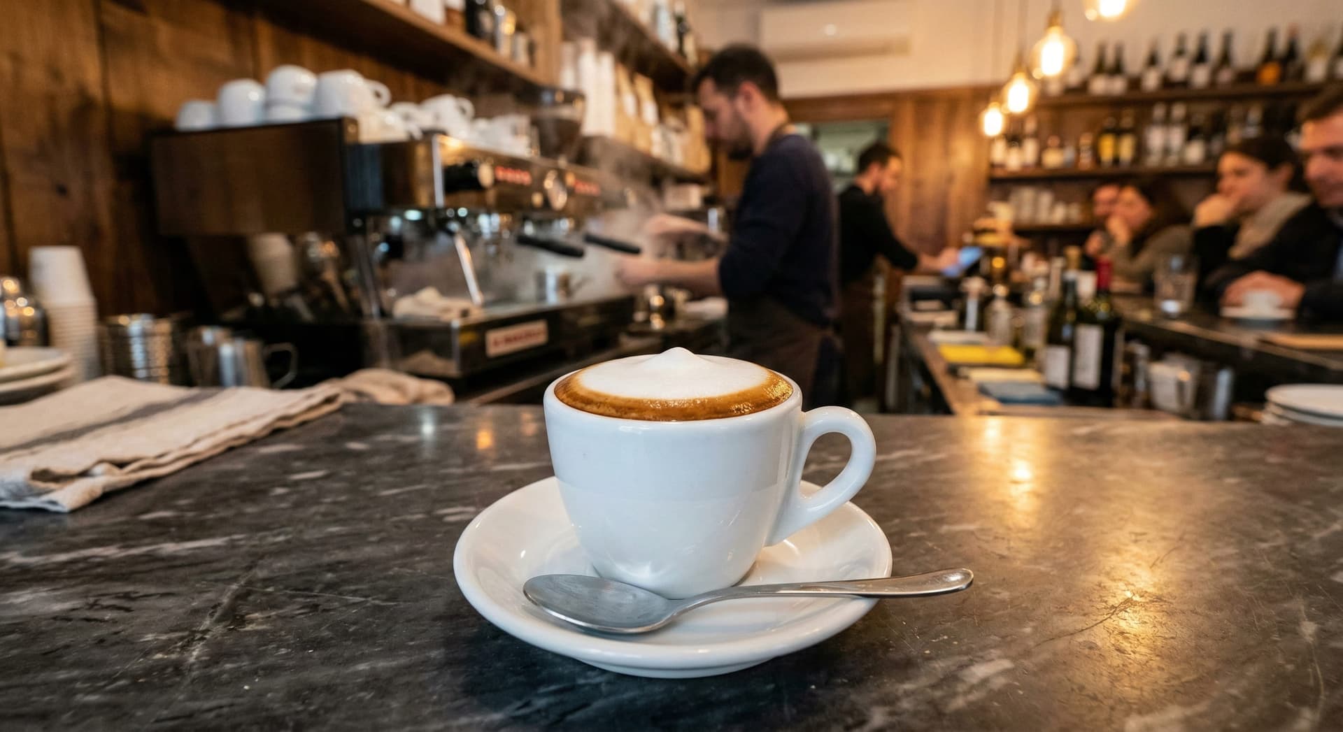 Traditional Italian espresso macchiato in a white ceramic demitasse cup with foam dollop on dark espresso — authentic caffè macchiato