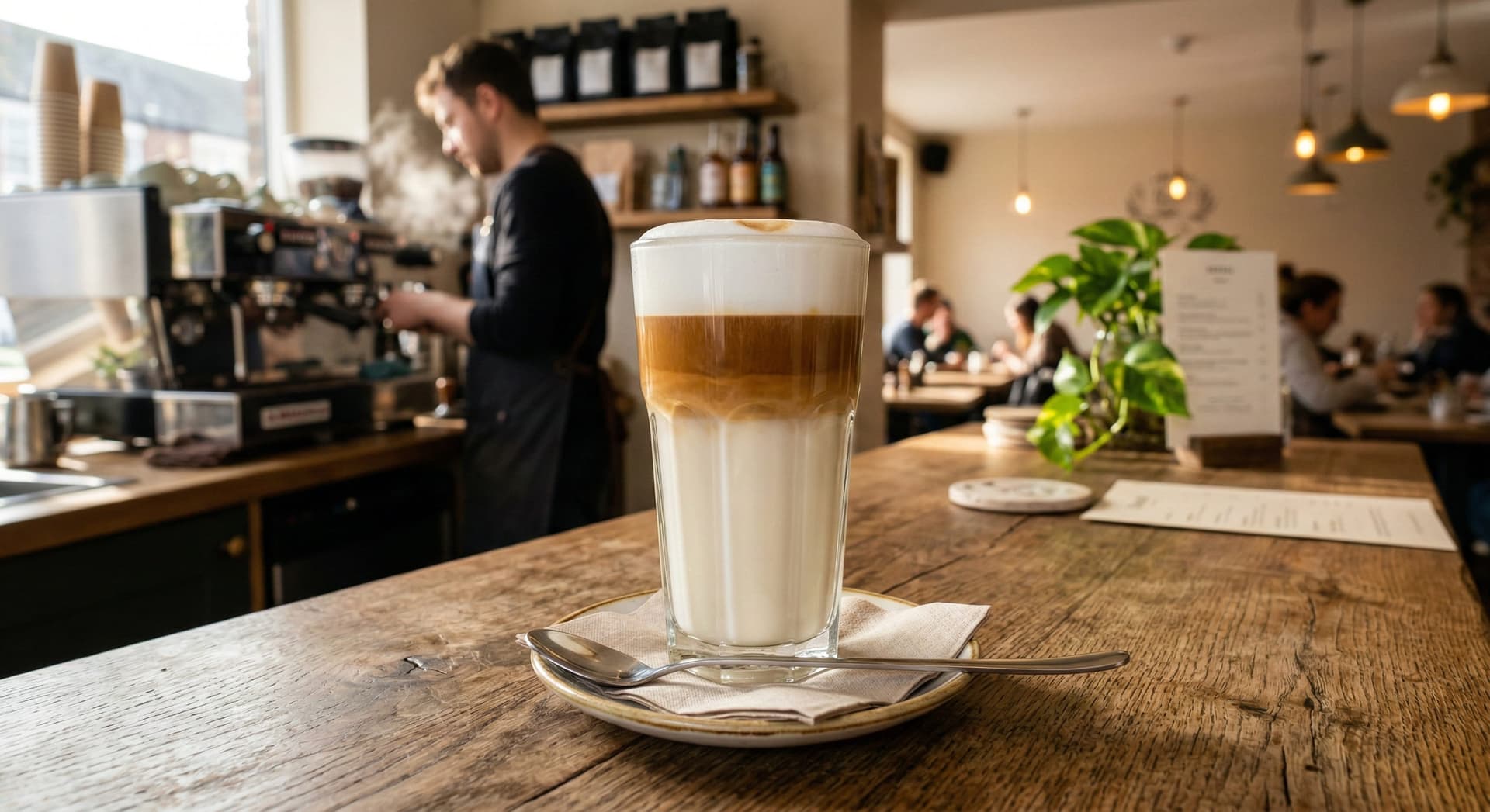 Latte macchiato in a tall glass showing three distinct layers — white steamed milk base, amber espresso middle layer, and foam cap on top