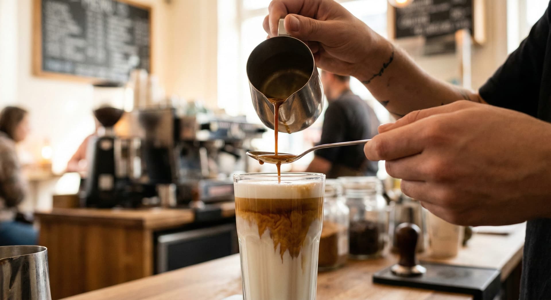 Barista slowly pouring espresso over a spoon into a tall glass of steamed milk showing the layer technique for making a latte macchiato