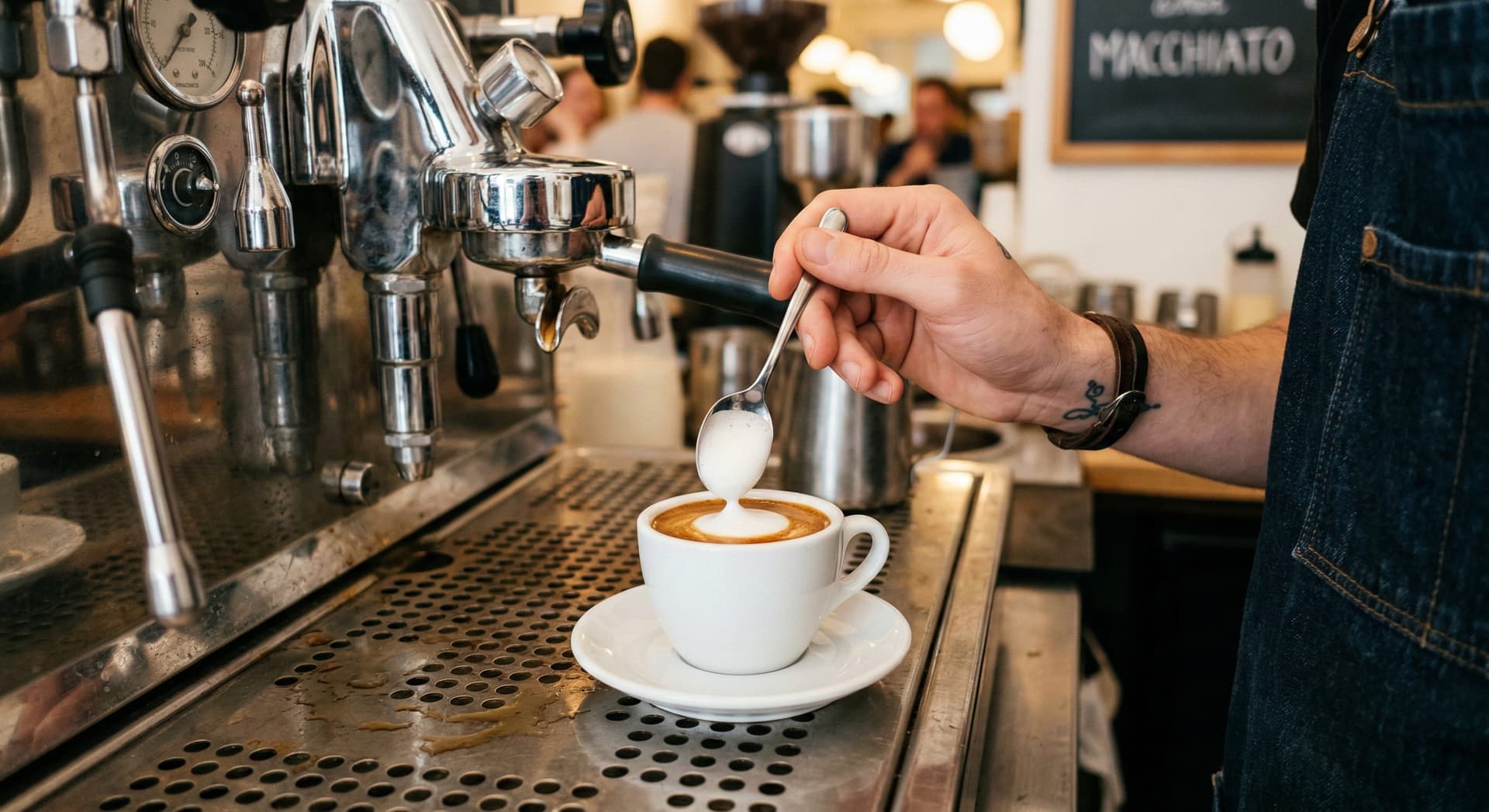 Barista hand spooning a dollop of microfoam onto a double espresso shot in a small demitasse cup to make a traditional espresso macchiato