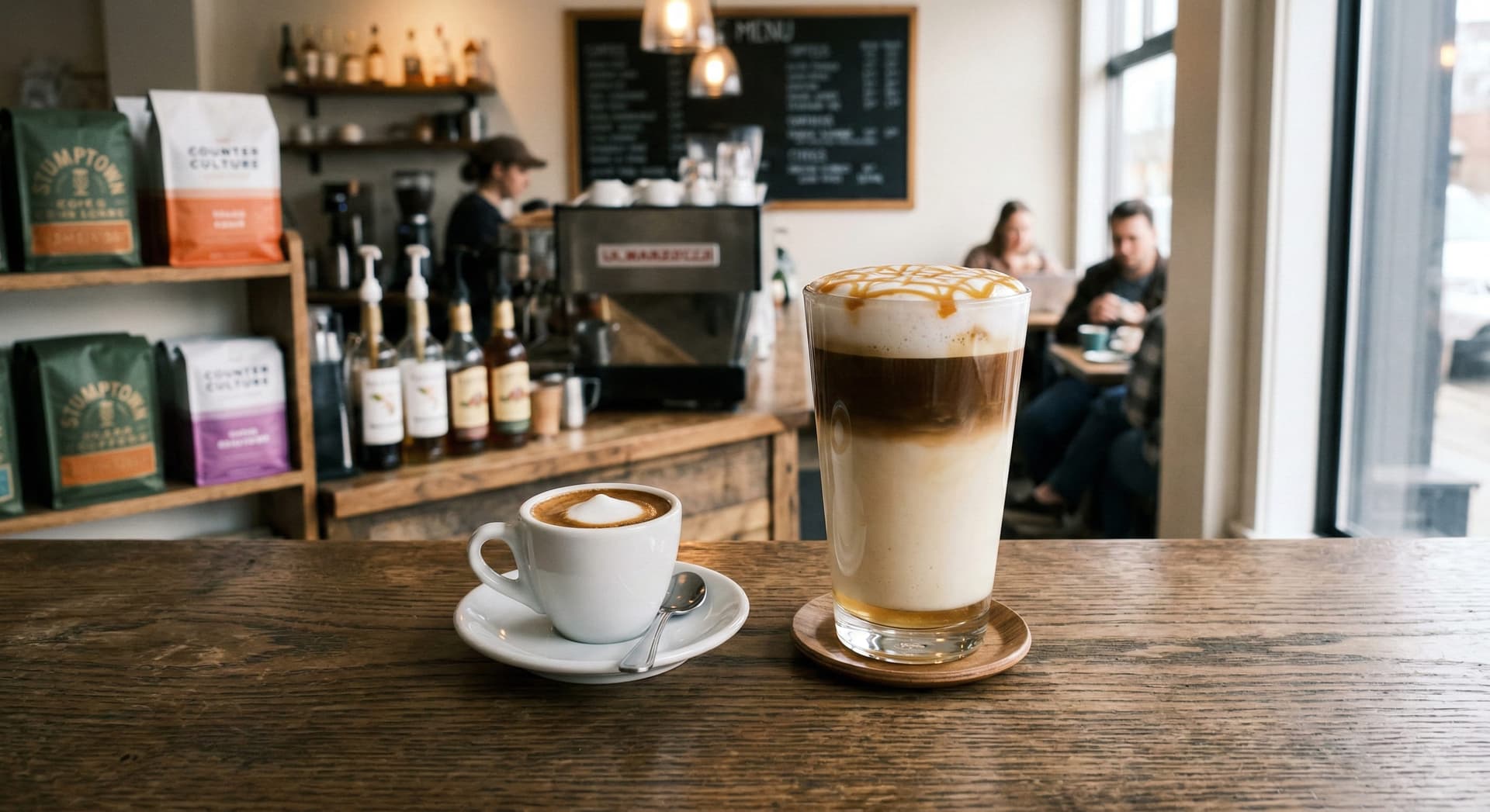 Traditional espresso macchiato in a demitasse cup next to a large caramel-drizzled chain-style macchiato showing the difference between authentic and commercial versions