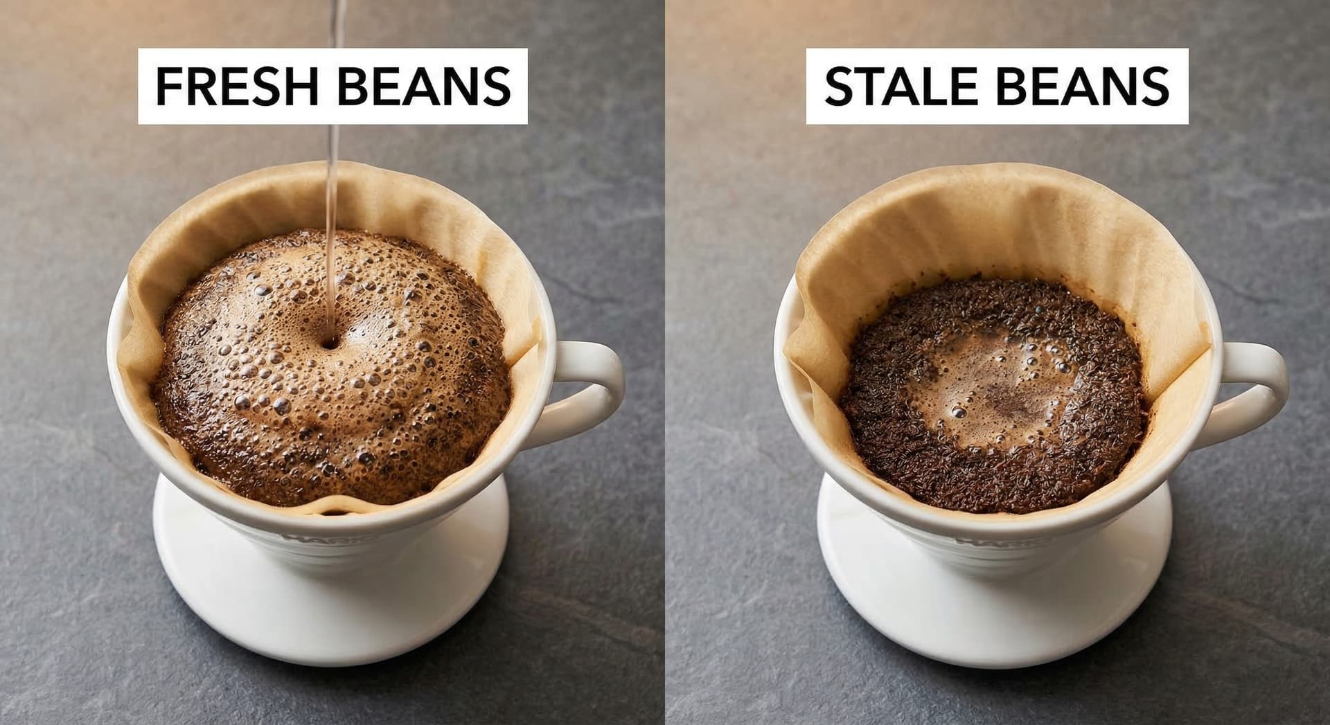 Side-by-side comparison of coffee bloom activity — fresh beans showing vigorous CO2 bubbling and bed rise on the left versus stale beans with minimal bloom activity on the right, in identical white Hario V60 drippers