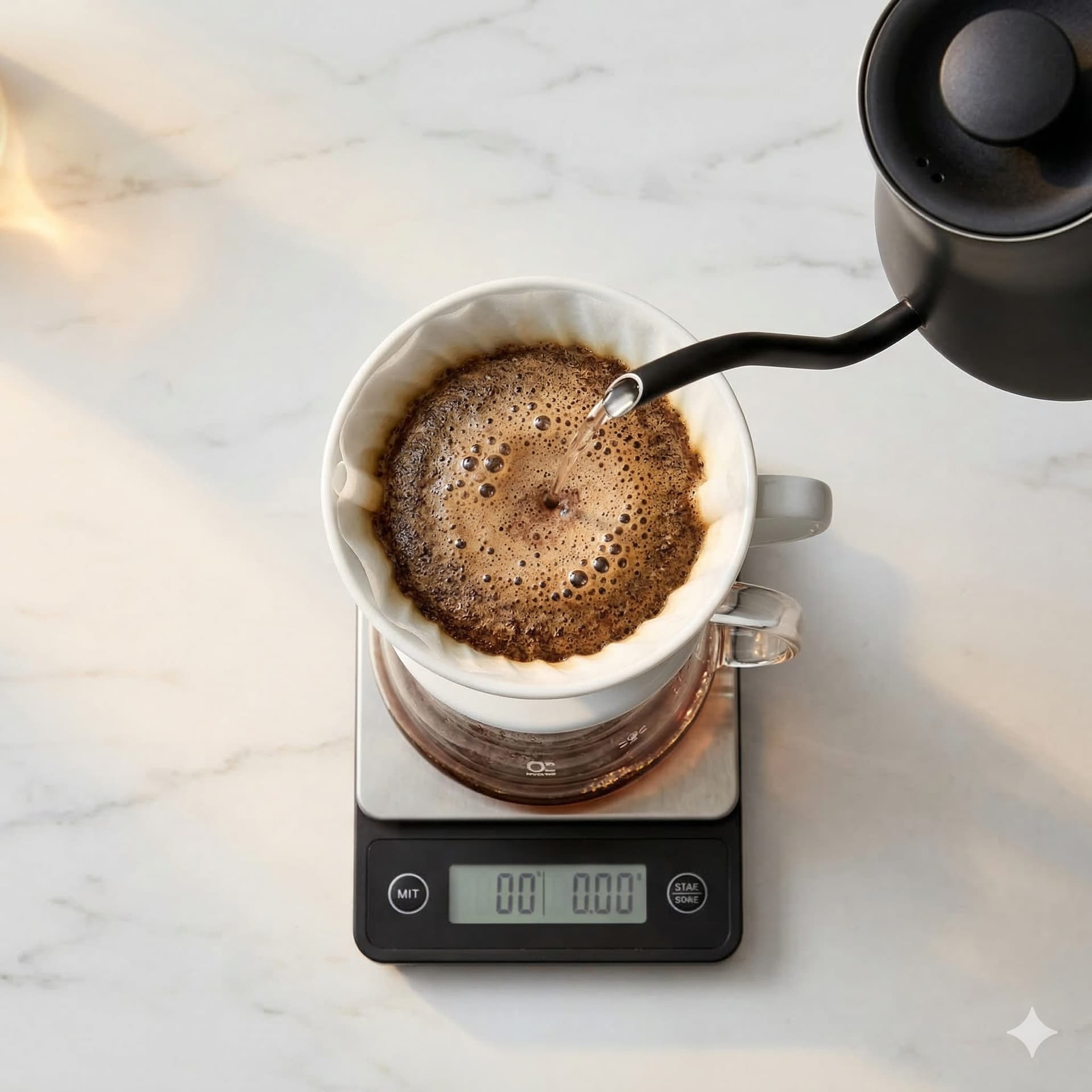 Overhead view of a gooseneck kettle pouring a controlled spiral bloom pour over a Hario V60 — demonstrating correct pre-infusion technique with even saturation of coffee grounds