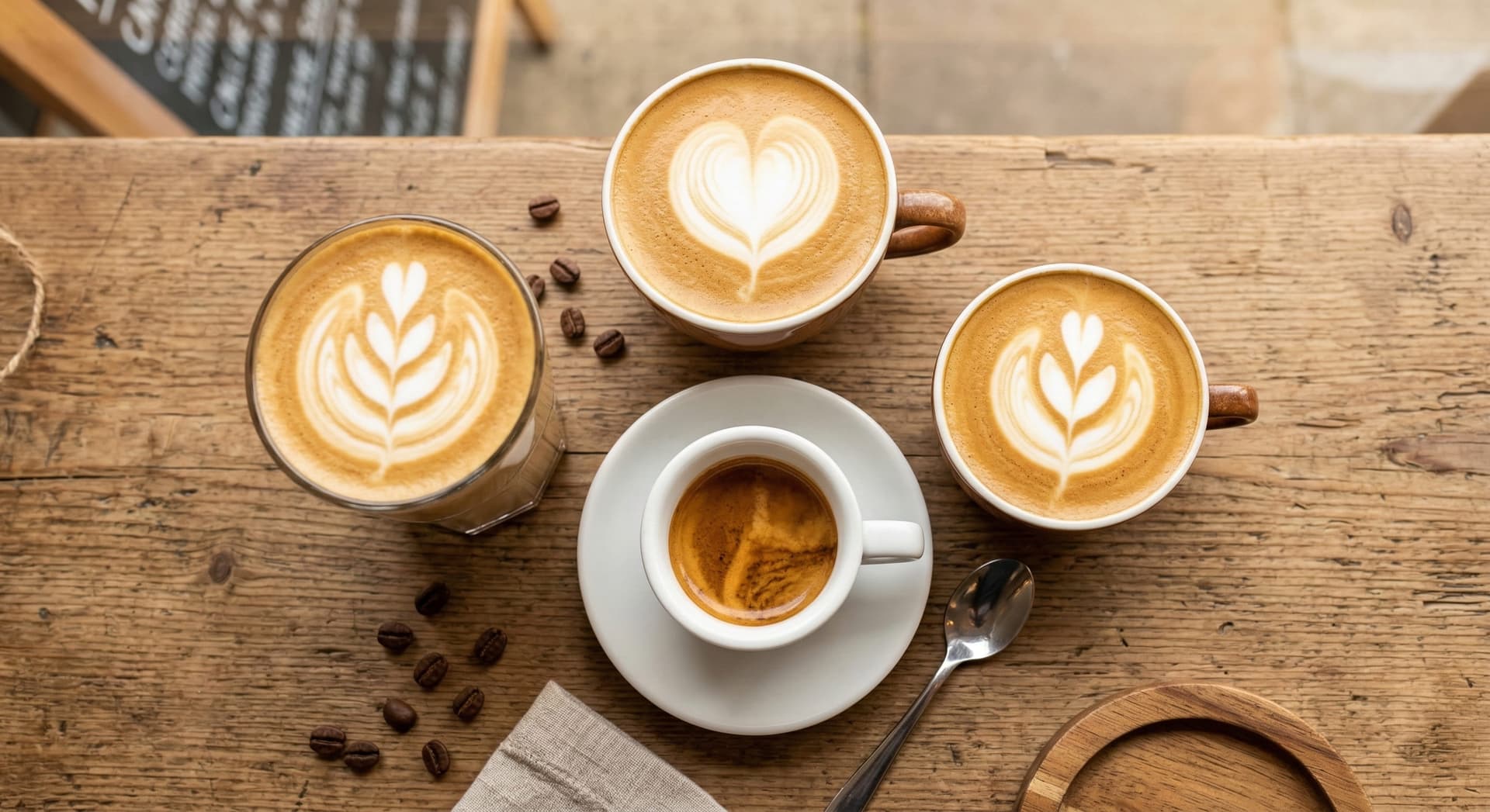 Doppio espresso as the base for café drinks — four espresso drinks arranged on a wooden café counter showing how a double espresso forms the base of lattes, cappuccinos, flat whites, and cortados