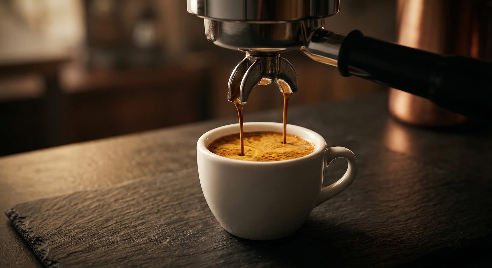 Doppio double espresso shot in a white ceramic demitasse cup with rich golden tiger-striped crema — the standard espresso base for café drinks