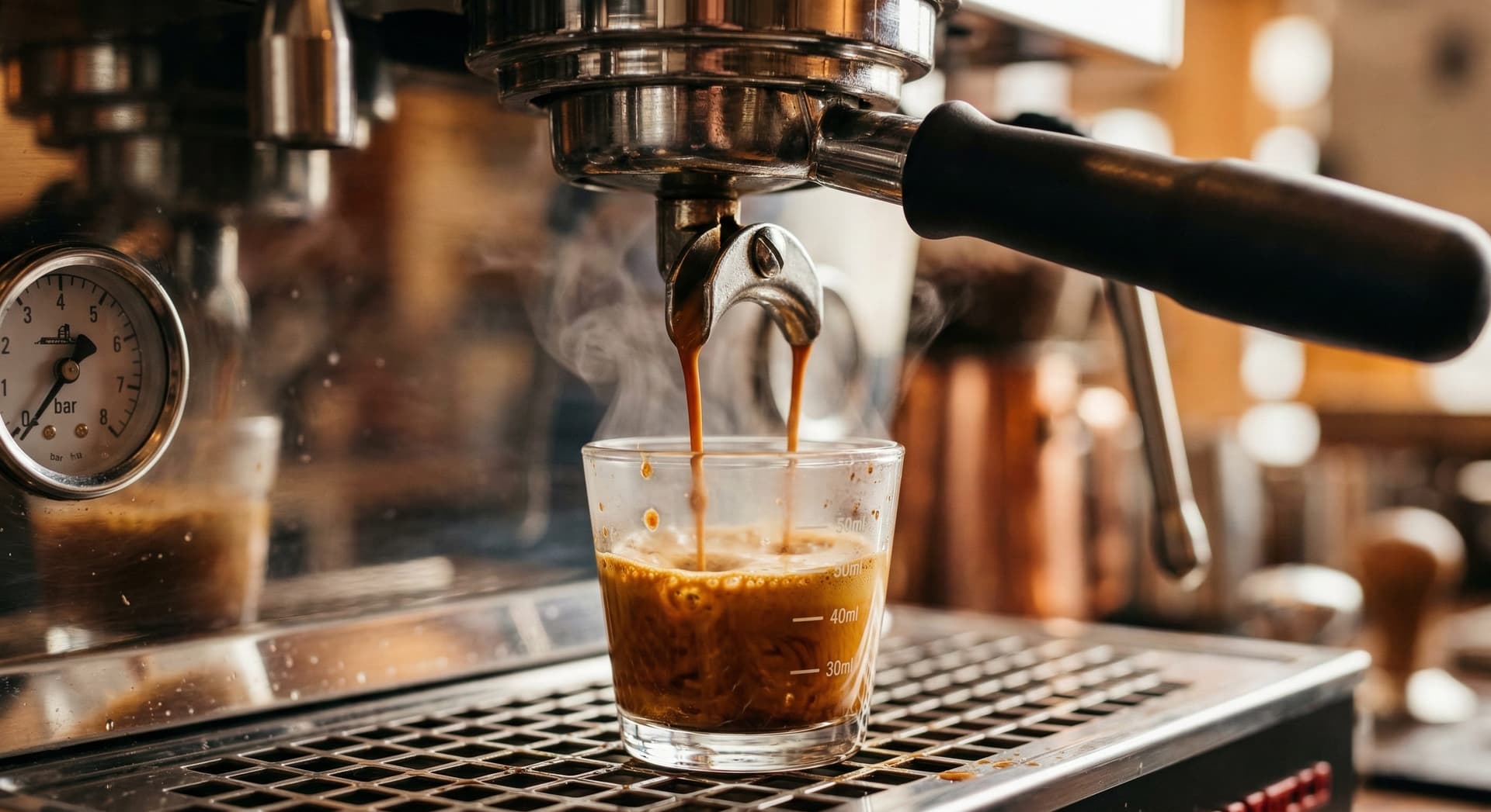 Double espresso extraction from a professional portafilter — two simultaneous espresso streams flowing into a measuring cup, showing the standard doppio espresso shot pull