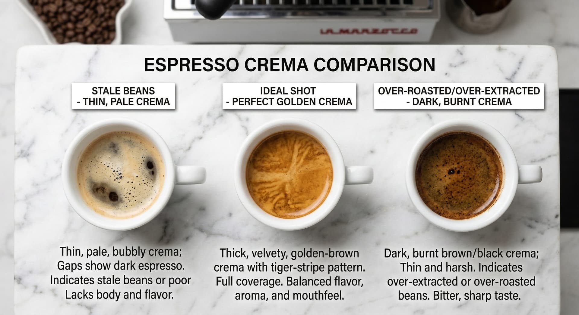 Side-by-side comparison of three espresso shots showing different crema quality — pale thin crema from stale beans, ideal golden crema from fresh beans, and dark over-extracted crema