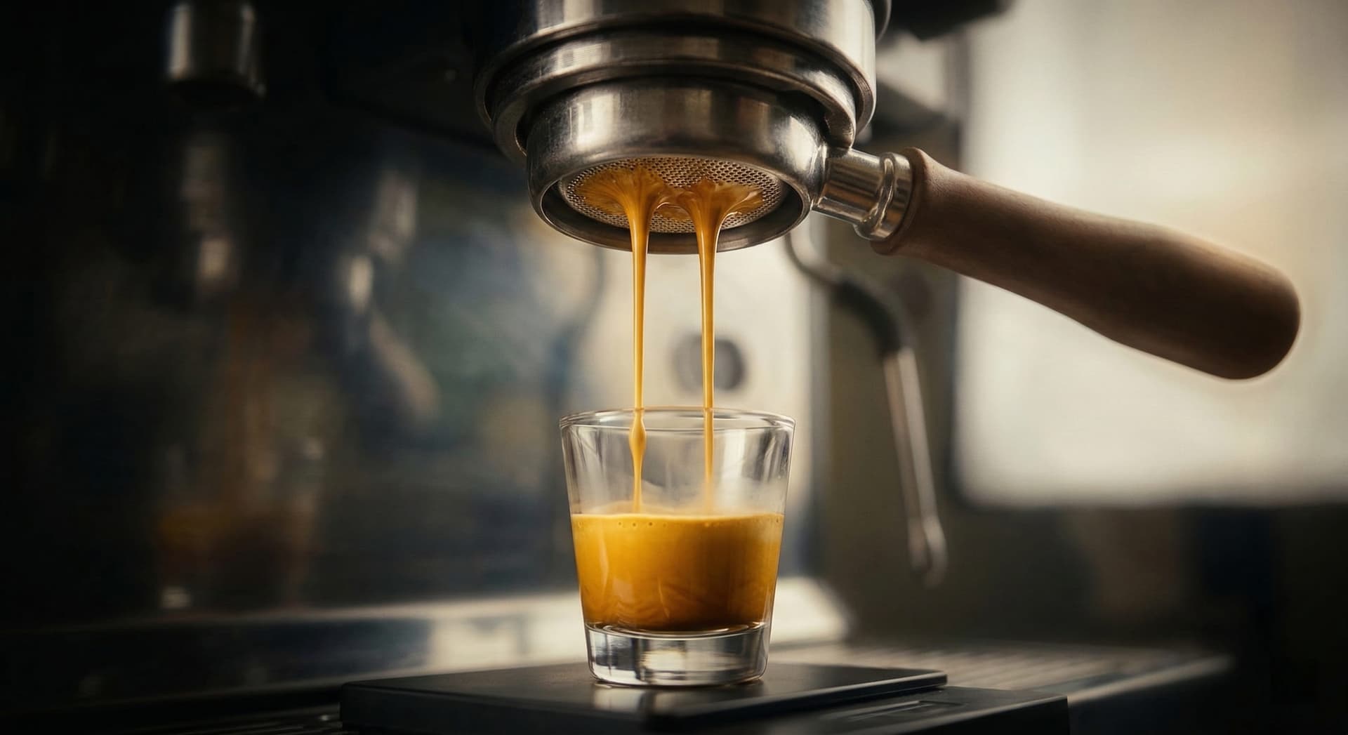 Bottomless portafilter pulling espresso shot mid-extraction showing golden honey-coloured streams and crema forming — espresso extraction with crema developing