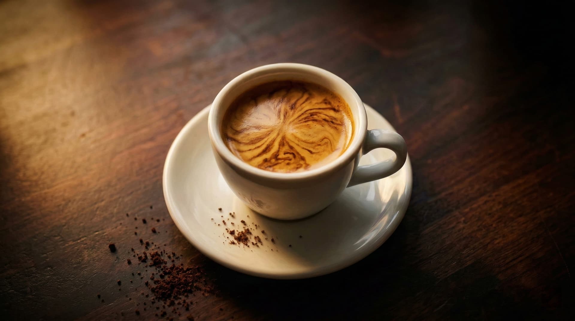 Thick golden espresso crema with tiger-stripe pattern in a white demitasse cup — freshly pulled double espresso shot showing ideal crema color and texture
