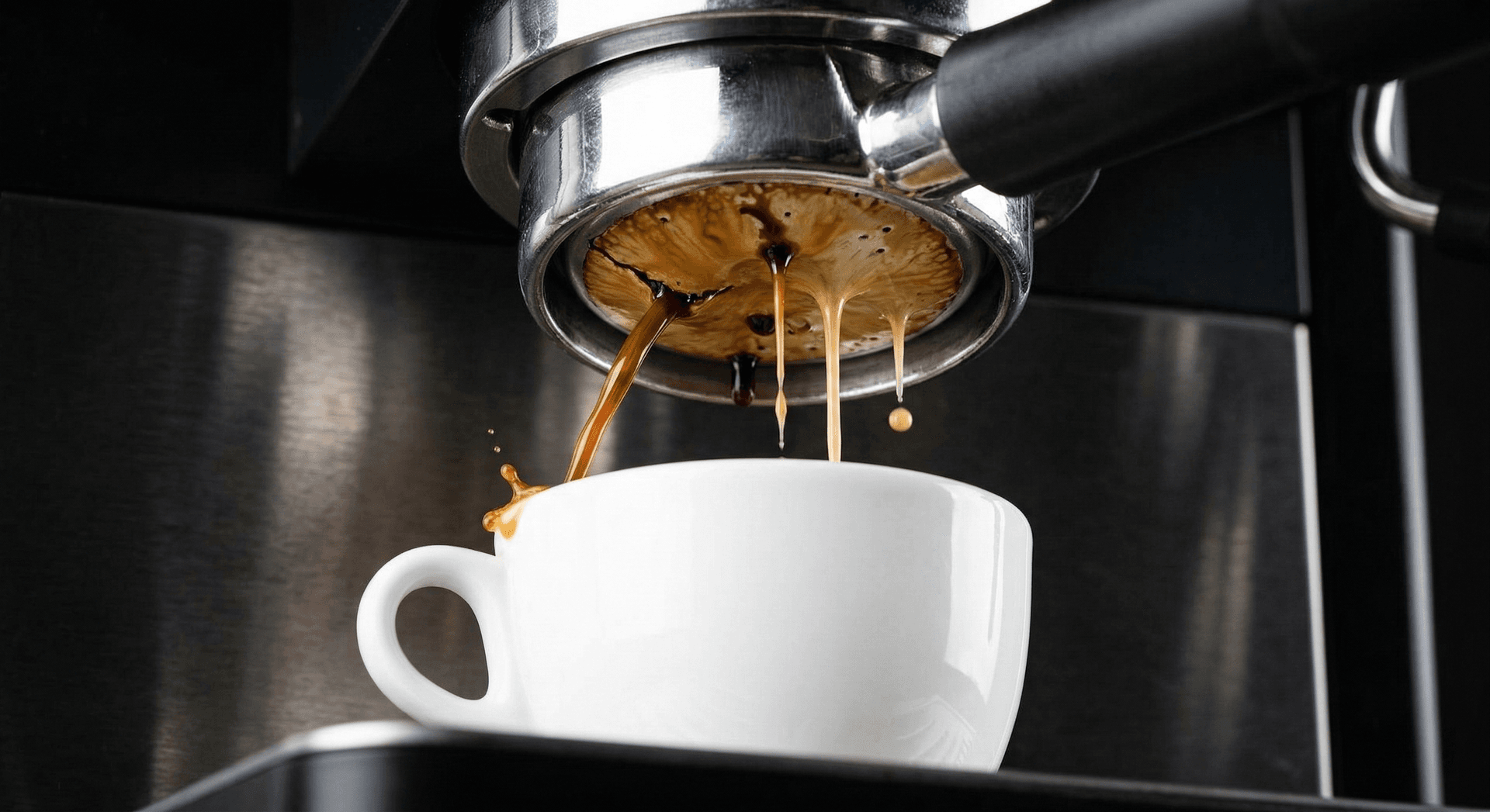 Bottomless portafilter showing channeling during espresso extraction — uneven spurting flow on one side demonstrating puck channeling versus ideal symmetrical extraction