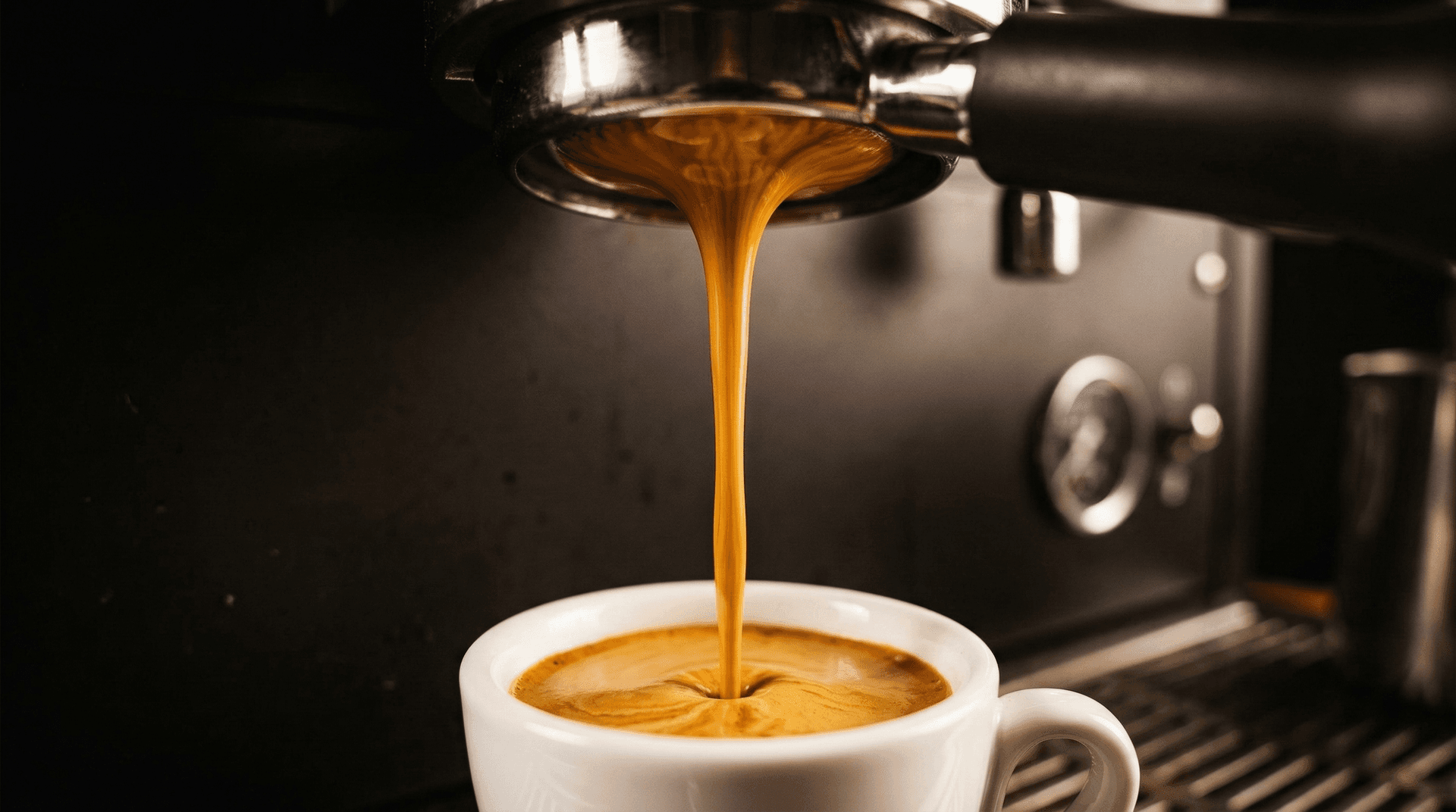Bottomless portafilter pulling a perfectly extracted double espresso shot showing symmetrical honey-coloured streams and golden crema — ideal espresso extraction