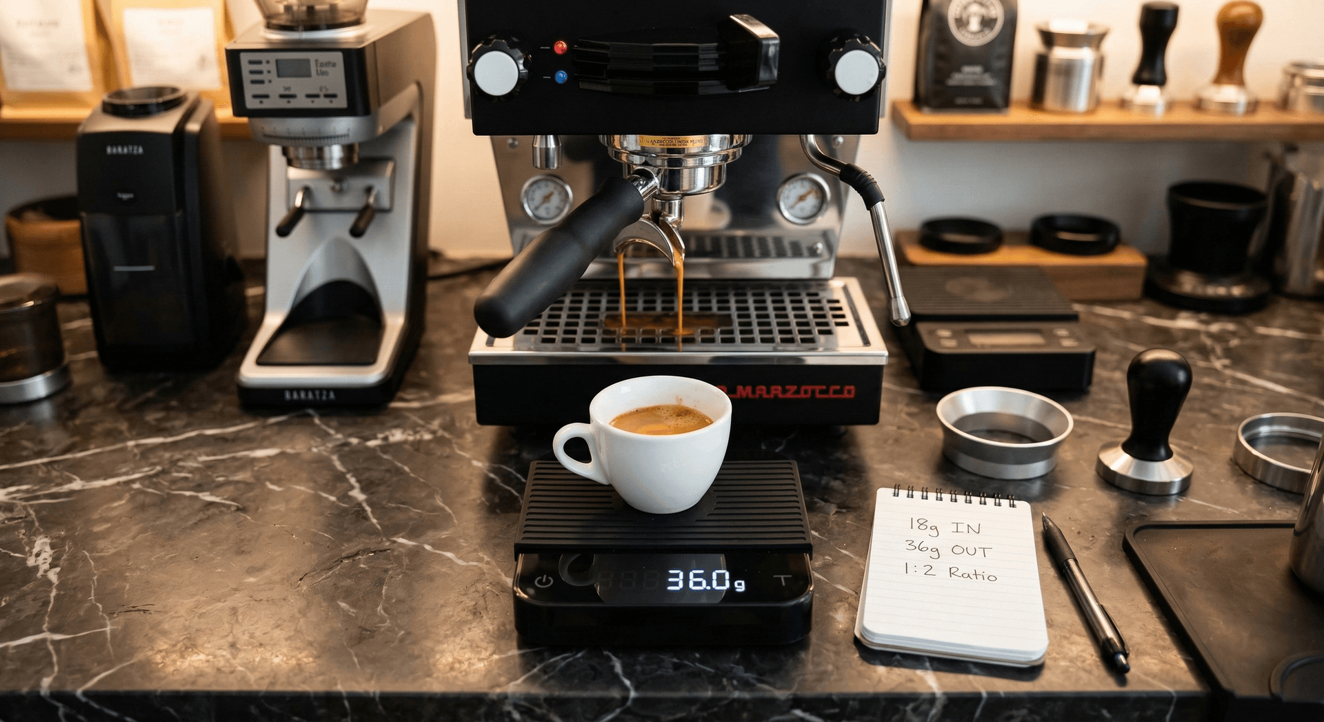 Digital kitchen scale showing espresso shot being weighed as it extracts — brew ratio measurement with 18g dose and 36g yield demonstrating 1:2 espresso extraction ratio