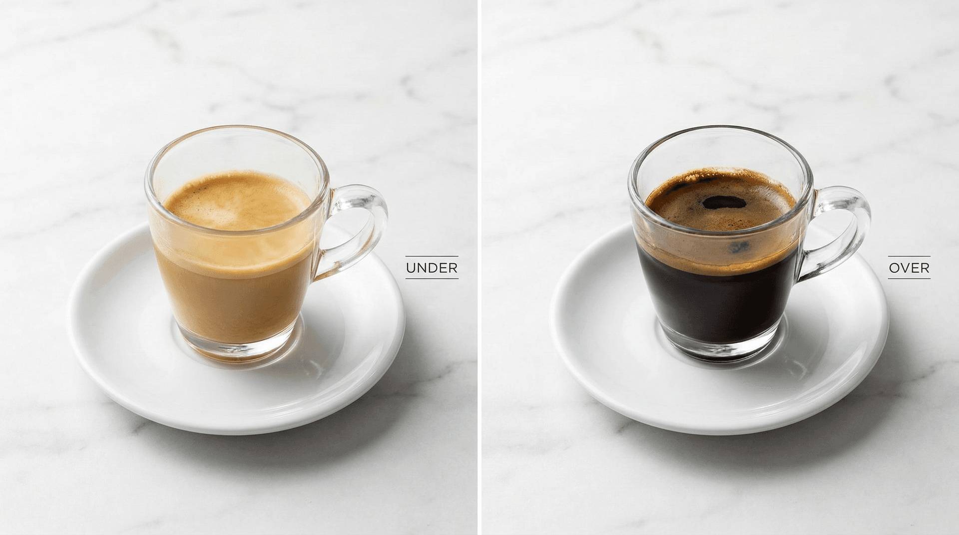 Side-by-side comparison of under-extracted espresso (pale, watery, fast) versus over-extracted espresso (dark, slow, bitter) in clear glass espresso cups — showing visual differences in colour and crema