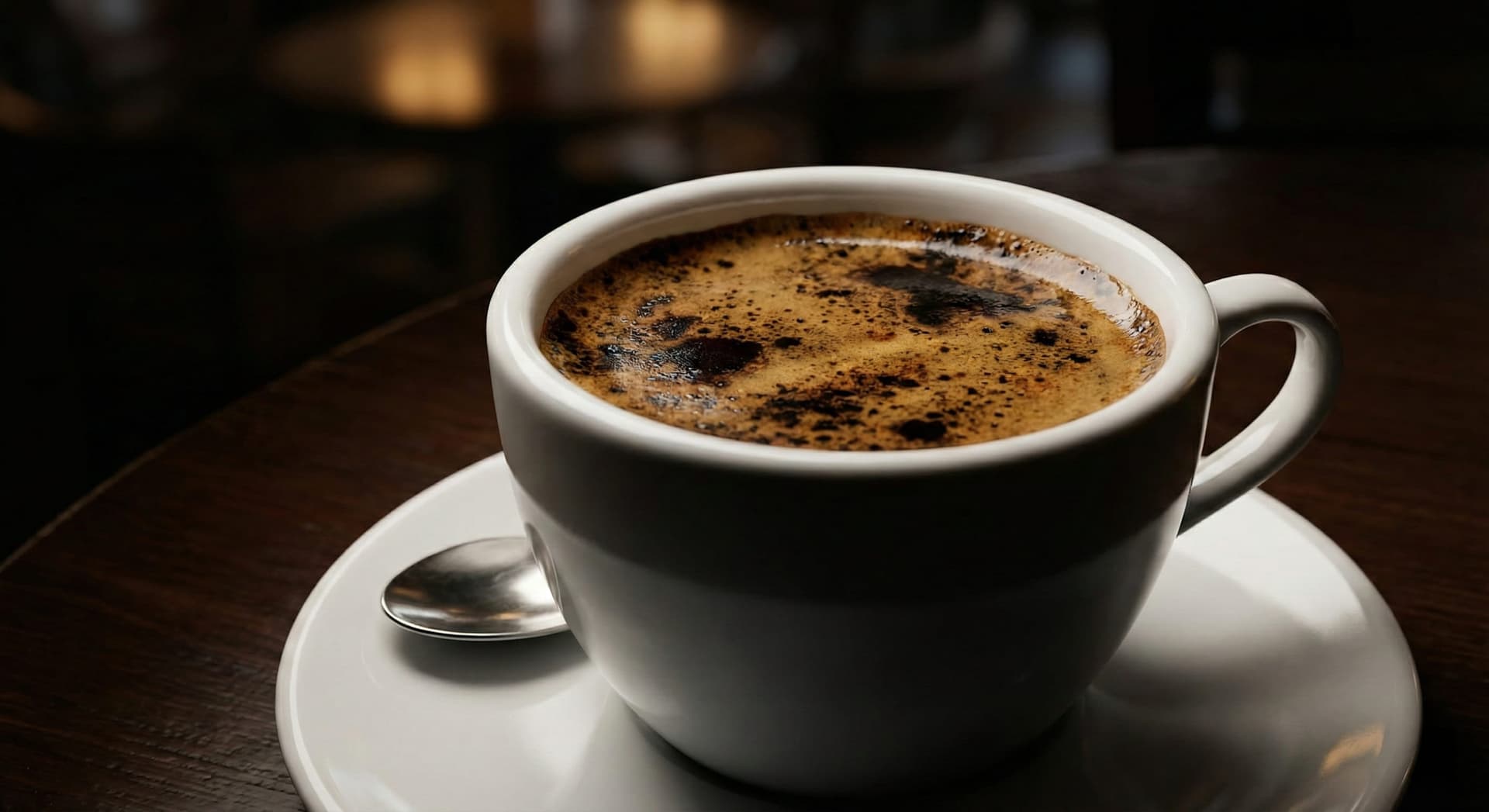 Over-extracted espresso shot in white ceramic cup showing dark mottled crema—visual sign of bitter coffee from over-extraction