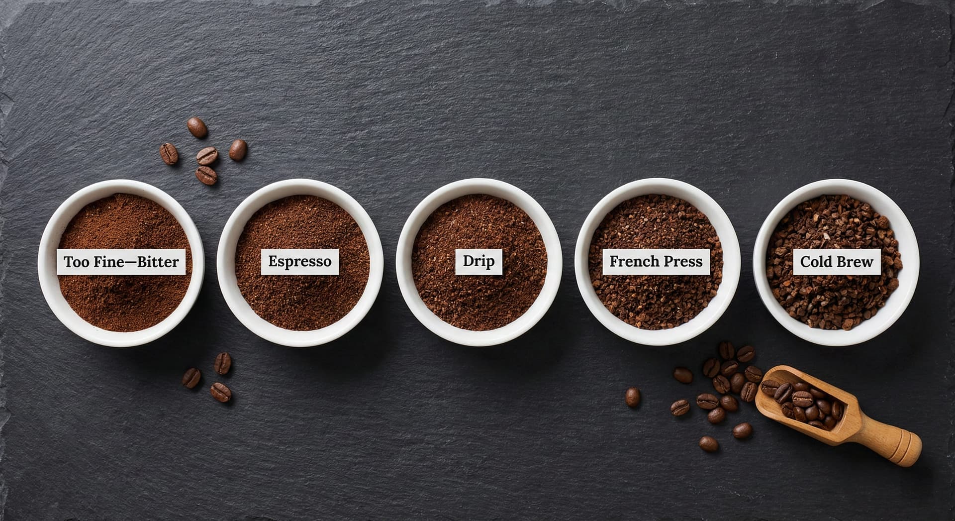 Five bowls showing coffee grind sizes from very fine to coarse: too fine causes bitter coffee, espresso grind for espresso machines, medium for drip coffee, coarse for French press, very coarse for cold brew—grind size impact on coffee extraction
