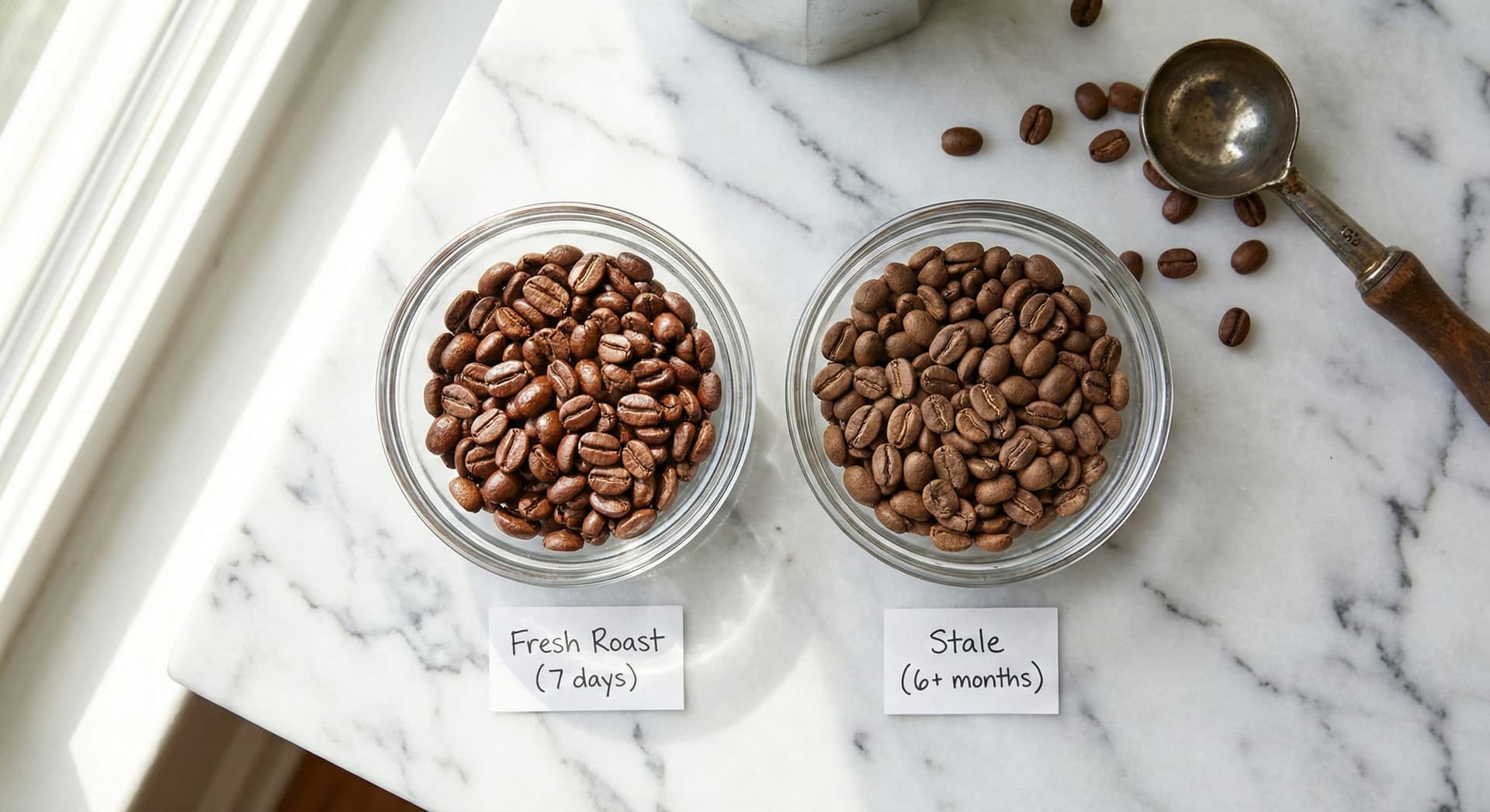 Side-by-side comparison of fresh coffee beans (glossy, rich brown, visible oil sheen, roasted 7 days ago) vs stale coffee beans (matte, dull, no oil sheen, 6+ months old)—visual guide to identifying fresh vs old coffee beans that affect bitter taste