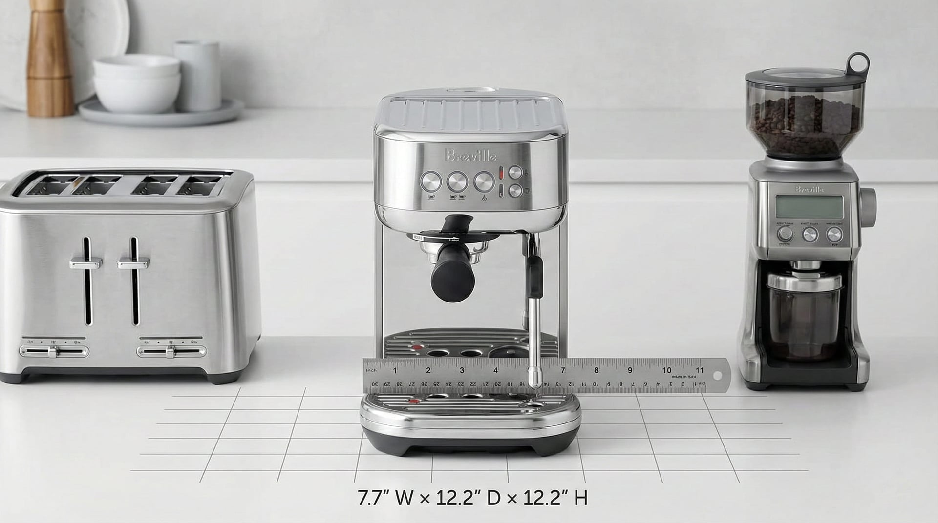 Breville Bambino Plus ultra-compact 7.7-inch width fitting small apartment kitchen counters and tight spaces