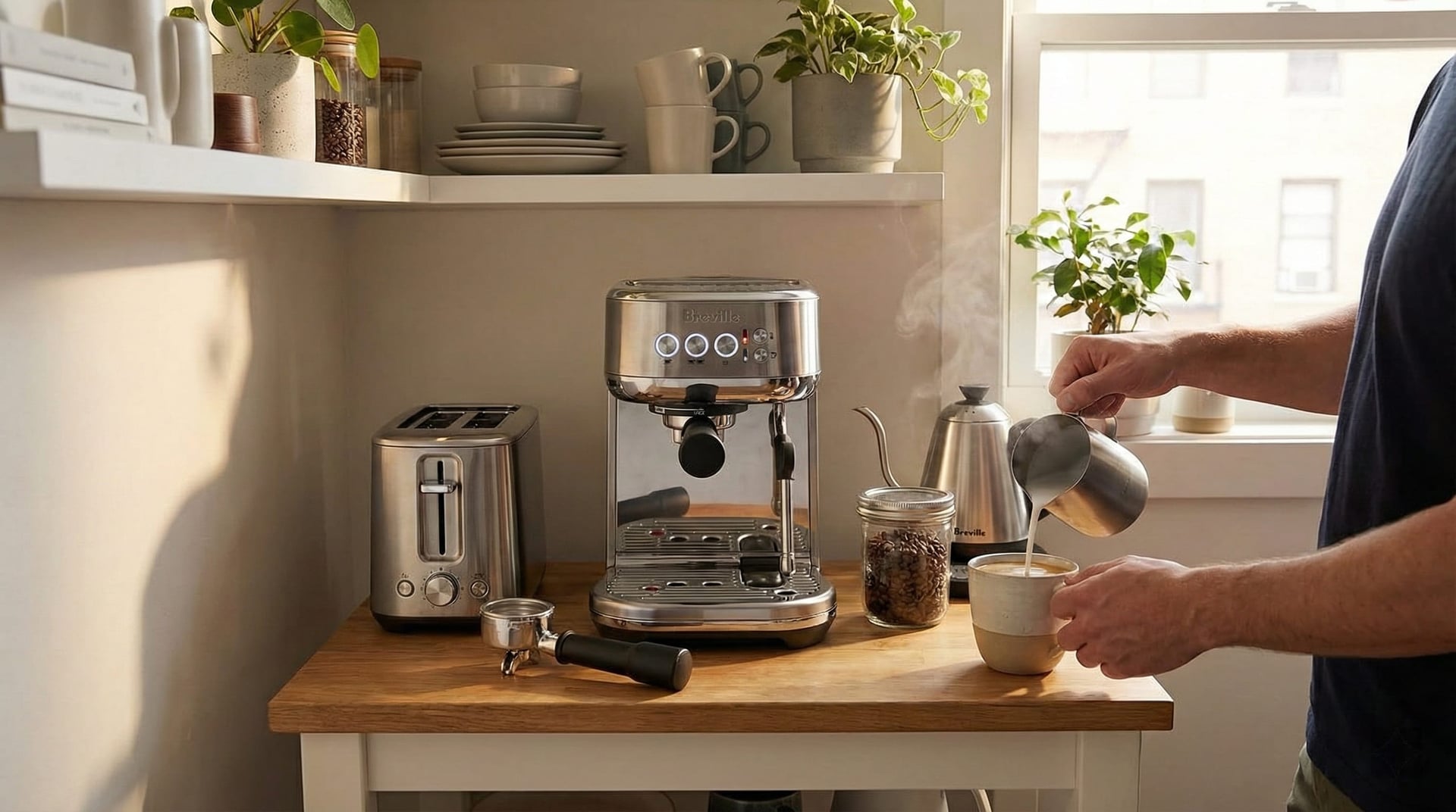 Breville Bambino Plus compact espresso machine in small apartment kitchen showing space-saving design for limited counter space