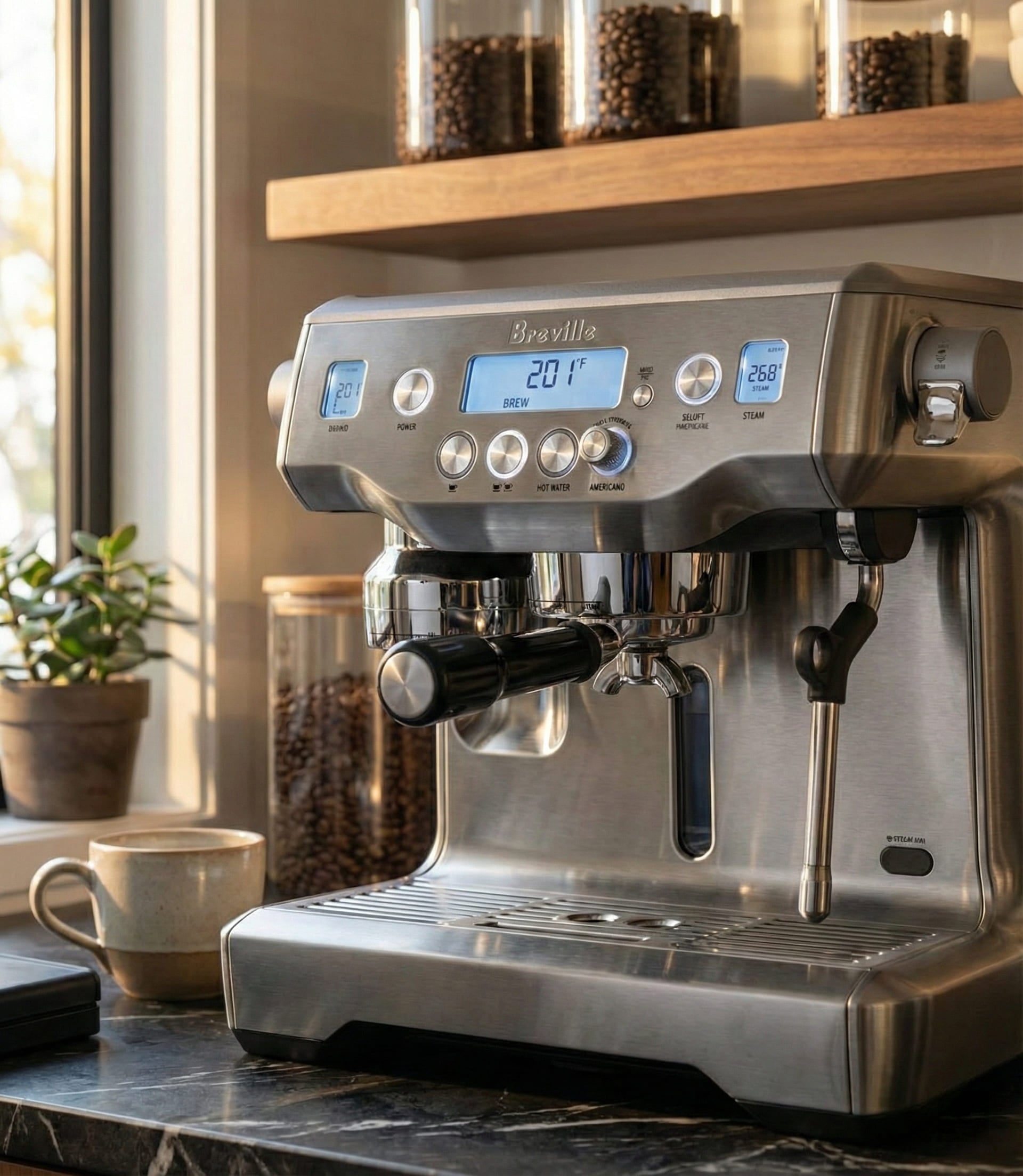 Breville Oracle dual boiler heating system with PID temperature control maintaining separate brew and steam temperatures for simultaneous operation