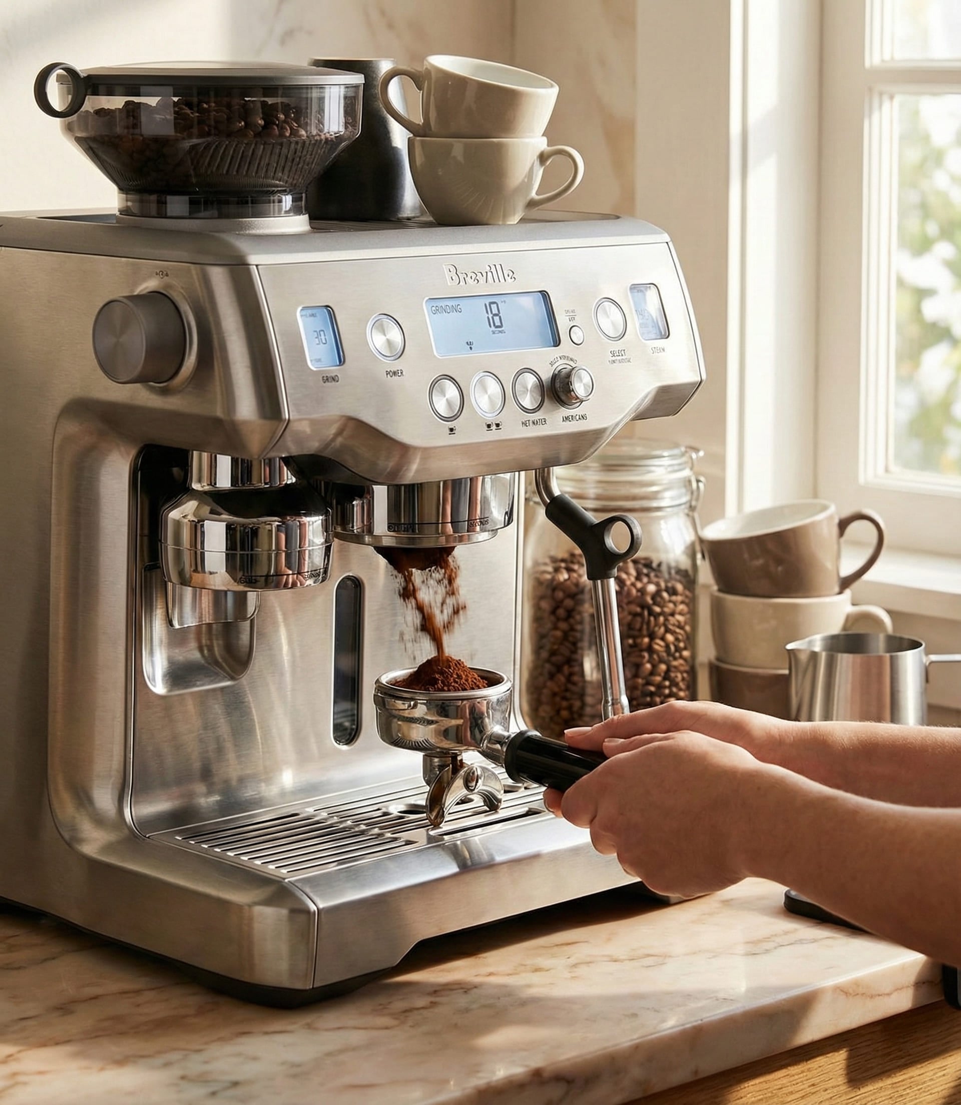 Breville Oracle integrated conical burr grinder with automatic dosing and cradle tamping mechanism delivering consistent 30-pound tamp pressure