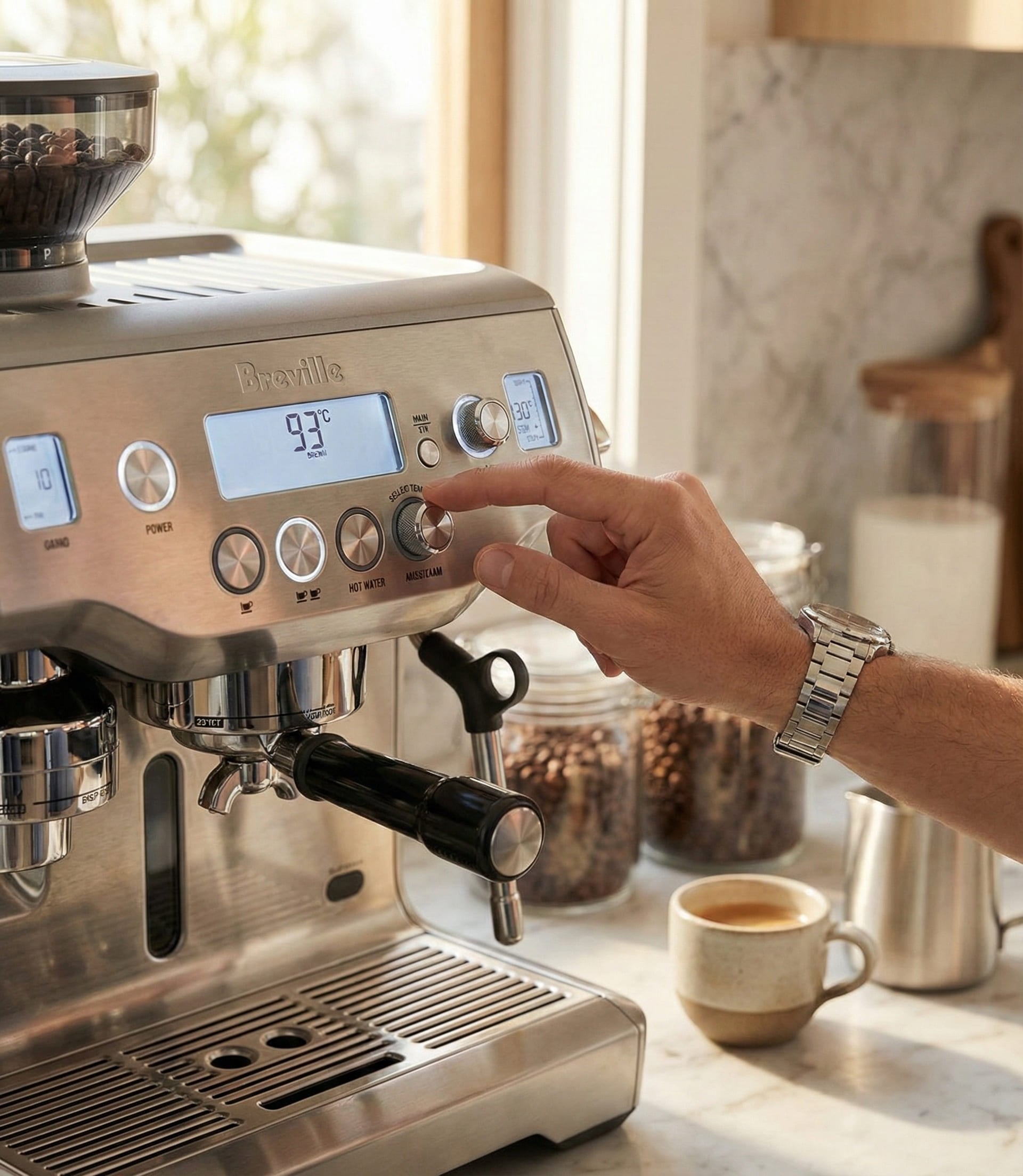 Breville Oracle dual digital temperature displays showing independent PID control for brew boiler and steam boiler precision