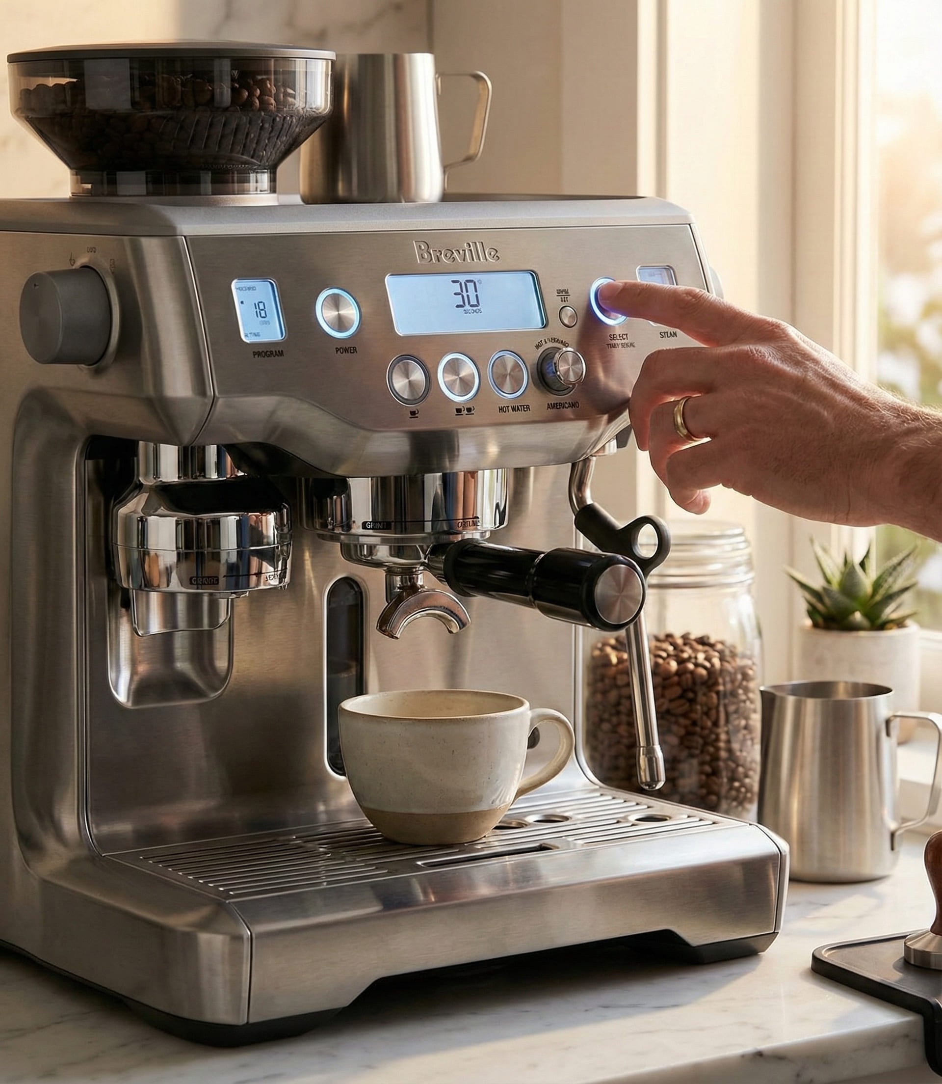 Breville Oracle volumetric shot programming with manual override for single and double espresso customization