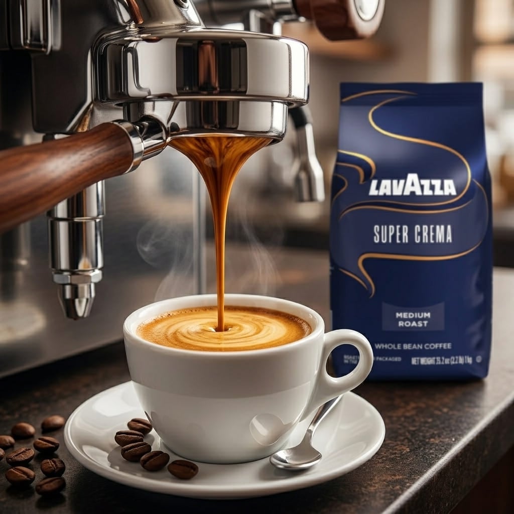 Espresso shot extraction from Lavazza Super Crema beans showing rich golden crema forming in white demitasse cup