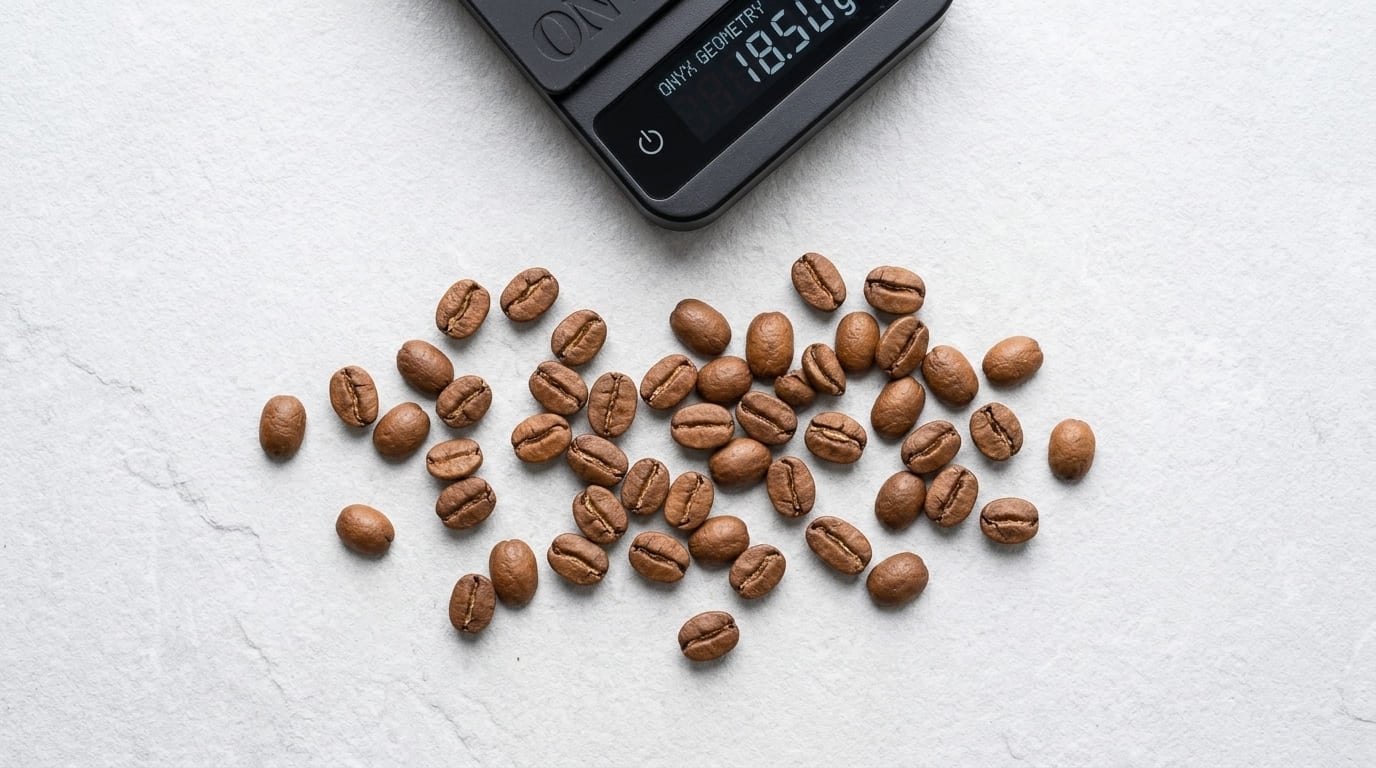 Onyx Coffee Lab Geometry espresso beans close-up showing medium-light roast Arabica beans with warm chestnut colour on grey slate