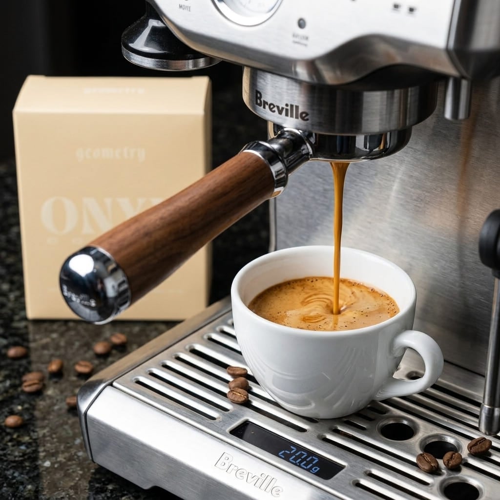Espresso extraction from Onyx Coffee Lab Geometry beans through naked portafilter showing reddish-gold tiger-stripe crema forming