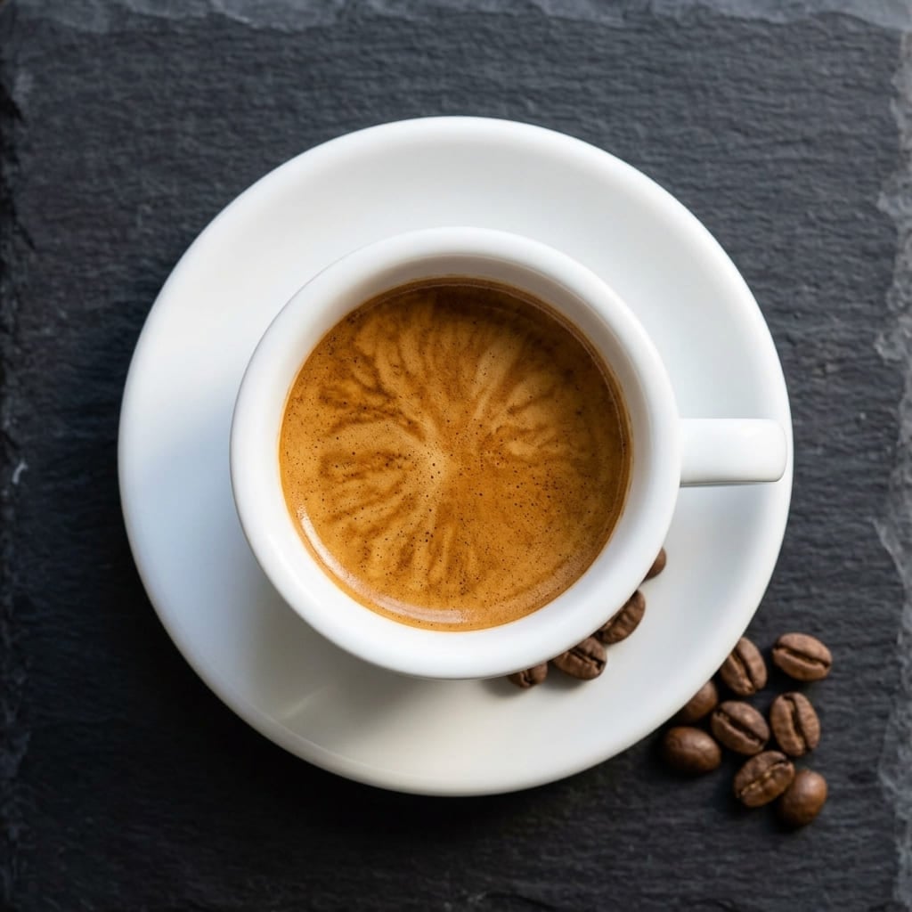 Onyx Coffee Lab Geometry espresso crema overhead view showing rich hazelnut-amber specialty blend crema in white demitasse cup