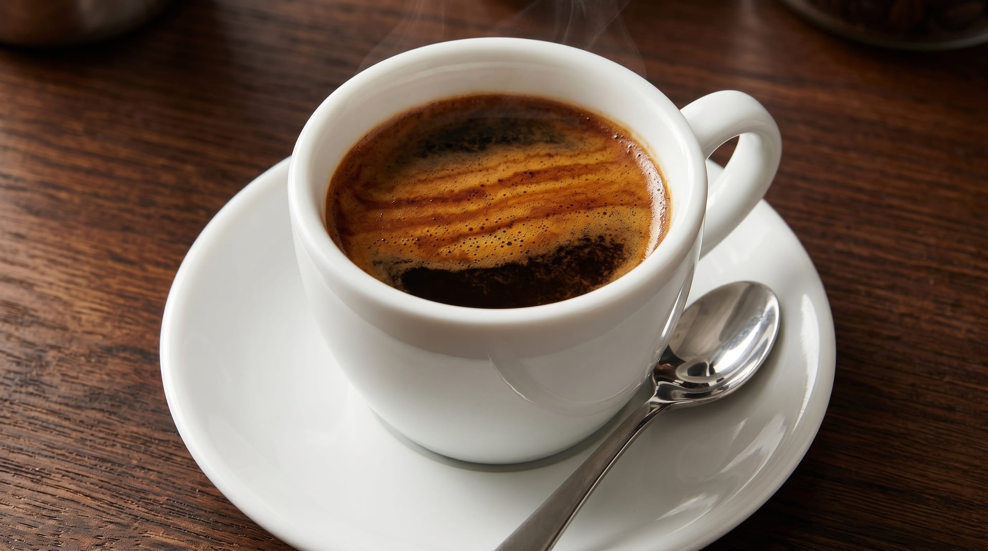 Dense espresso shot pulled from Peet's Dark Roast showing thick crema layer in white ceramic cup