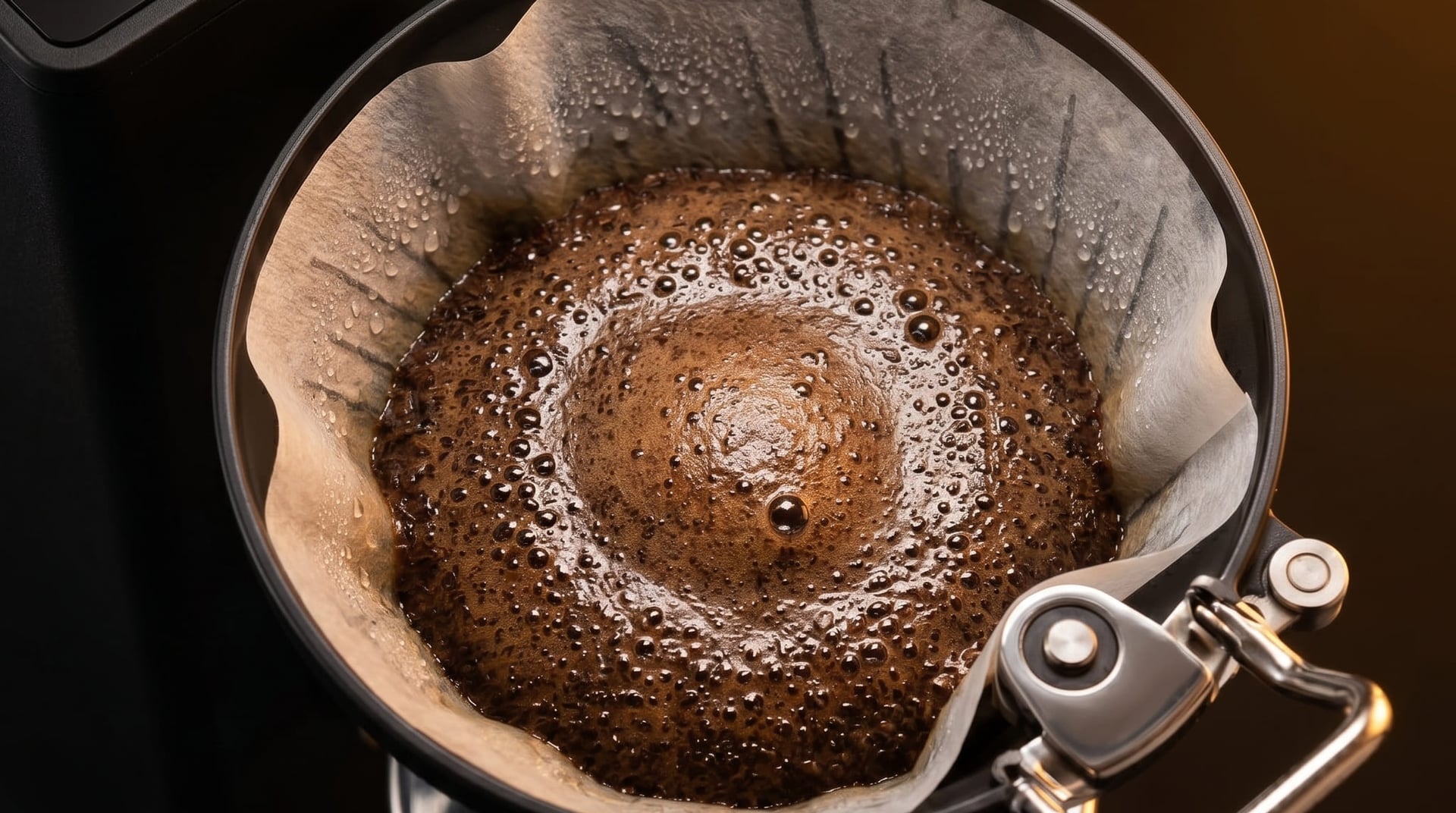BALMUDA The Brew cone filter basket loaded with medium-ground specialty coffee — close-up of the japanese coffee maker brew basket during pre-infusion bloom phase
