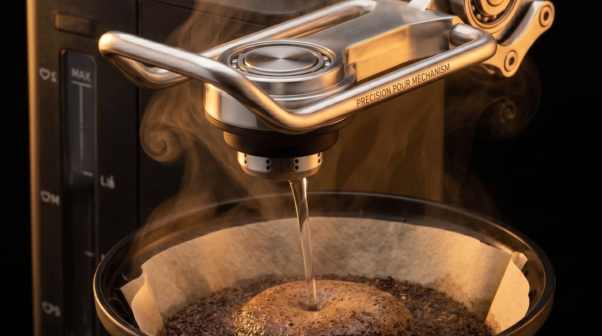 BALMUDA The Brew articulated swing arm detail — the oscillating nozzle mechanism that mimics barista hand-pouring technique for even filter coffee saturation