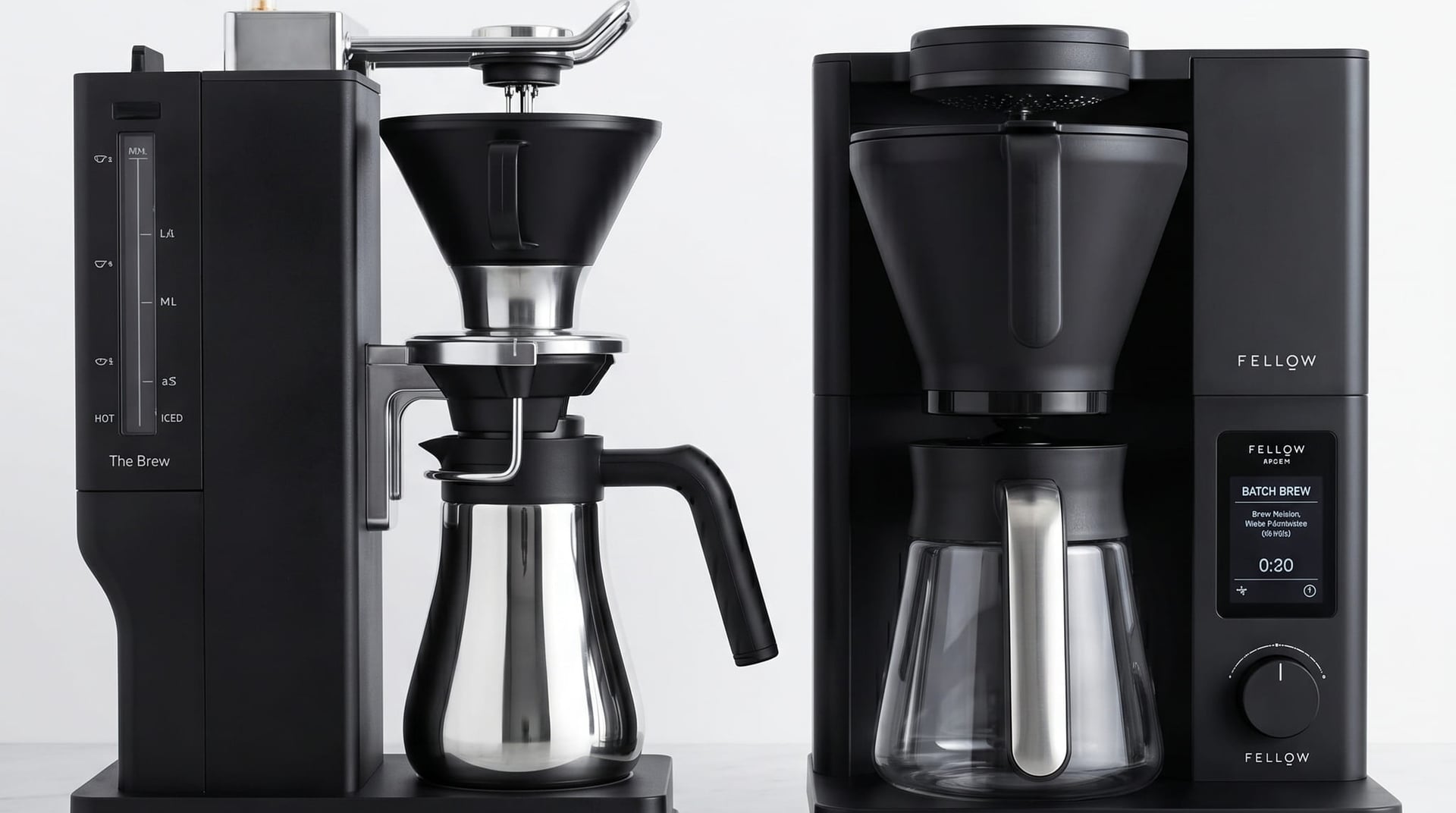 BALMUDA The Brew versus Fellow Aiden side-by-side on kitchen countertop — comparing japanese coffee maker design against app-controlled precision drip coffee maker