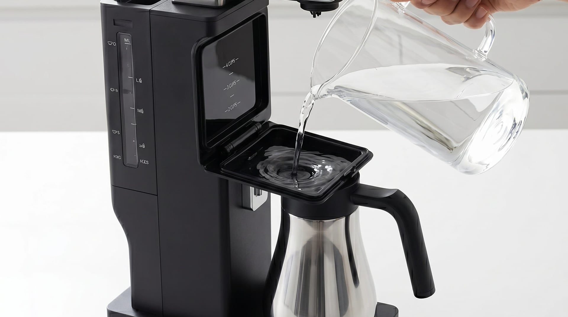 Filling the BALMUDA The Brew top-loading integrated water reservoir — balmuda coffee machine 600ml water tank for drip coffee preparation