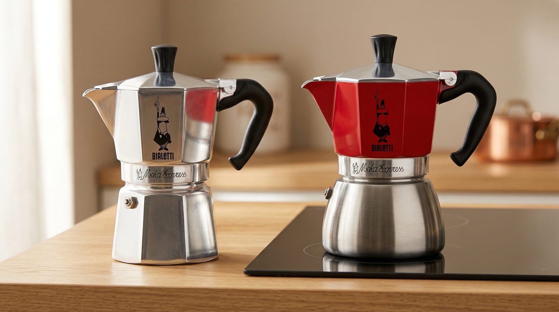 Bialetti Moka Express aluminium classic model next to Bialetti Moka Induction stainless steel model comparing bialetti aluminium vs stainless construction
