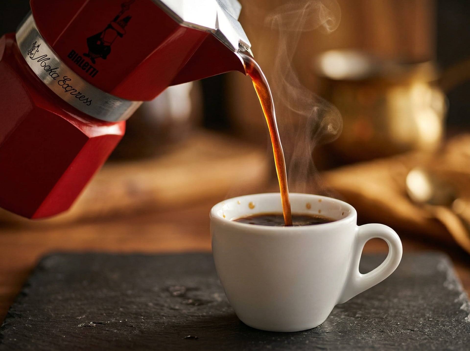 Dark concentrated moka pot coffee streaming into espresso-sized demitasse cup showing bialetti moka express taste and brew quality output