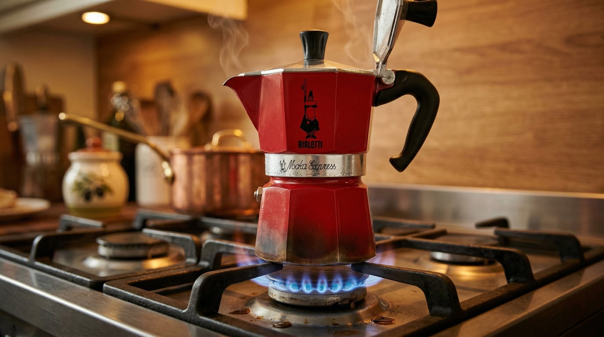 Bialetti Moka Express brewing on a gas hob with medium-low flame just touching the base of the lower chamber showing correct bialetti moka express technique