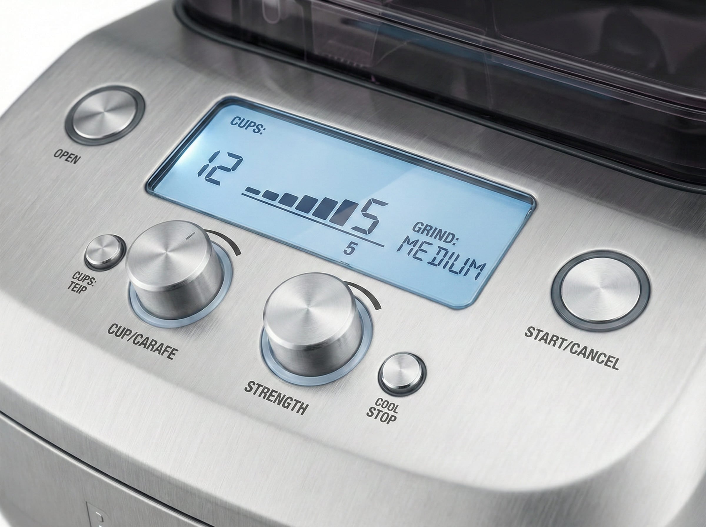 Breville Grind Control LCD digital display panel showing 8 customizable strength settings precision brewing controls adjustable bloom time bean to cup options