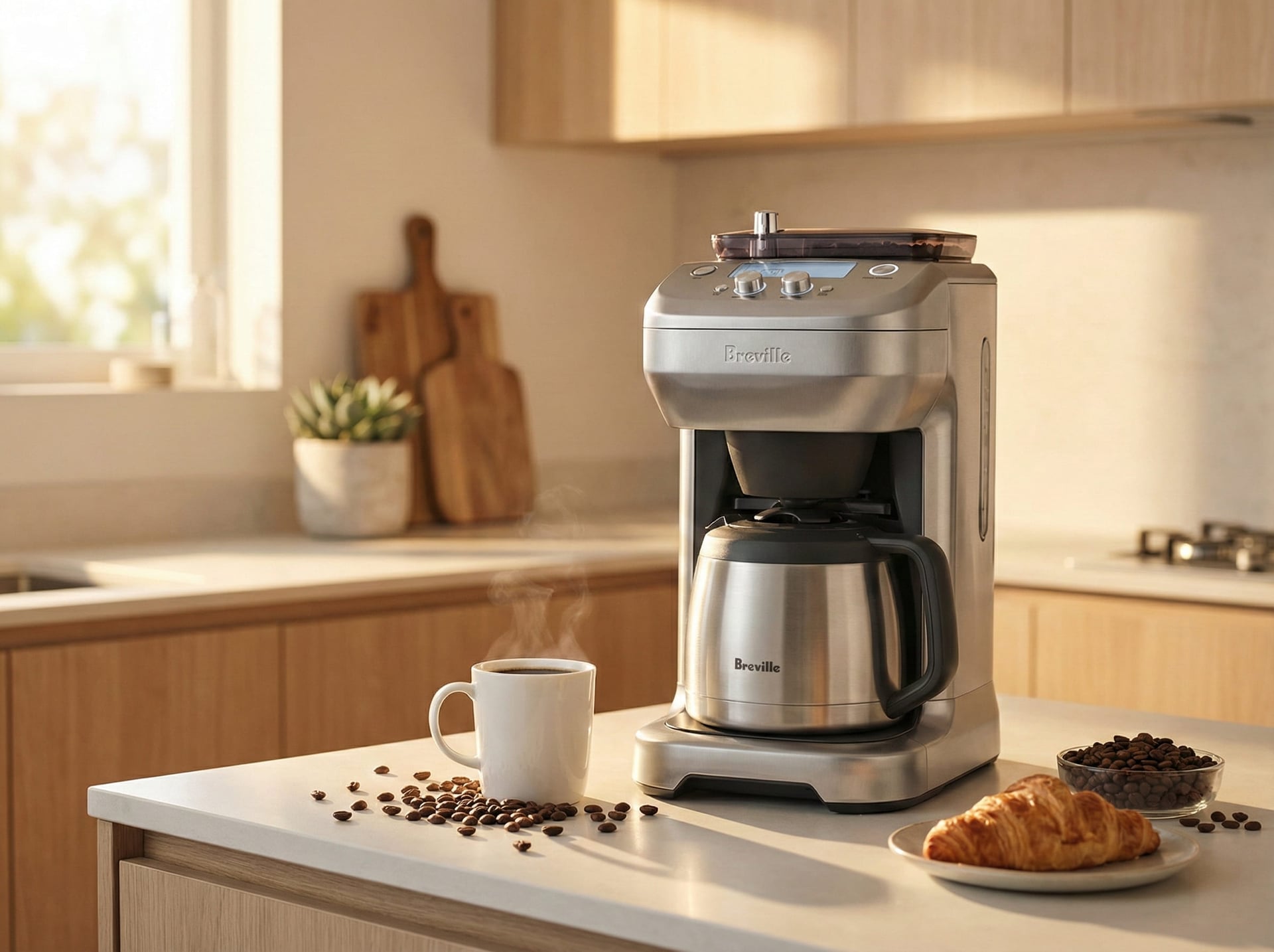 Breville Grind Control automatic grind and brew coffee maker on sunlit kitchen counter freshly ground beans thermal carafe morning coffee ritual