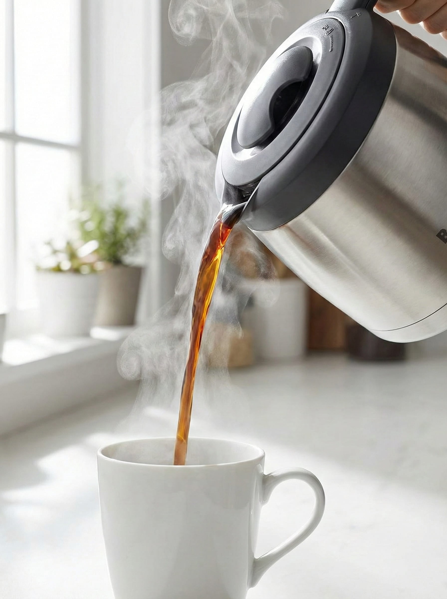 Fresh brewed coffee pouring from Breville Grind Control double-wall thermal carafe maintaining optimal temperature bean to cup quality into ceramic mug