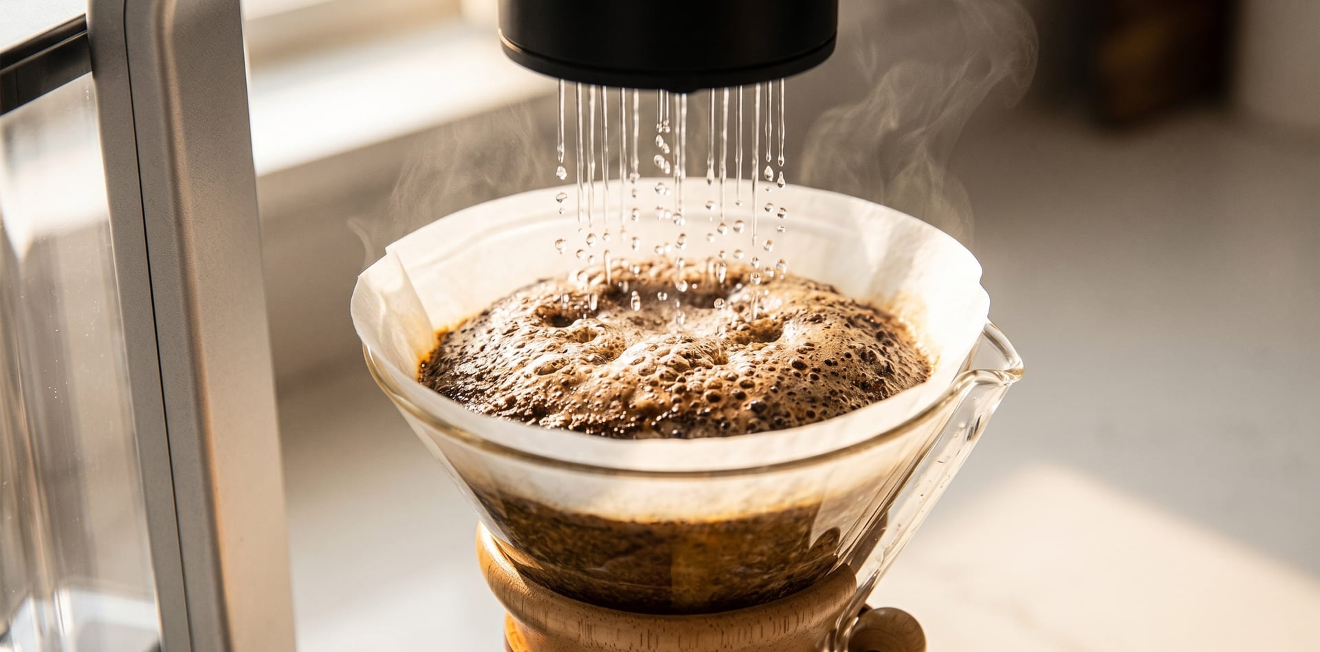 Chemex Ottomatic bloom stage — showerhead dispensing bloom water over Chemex bonded paper filter and fresh coffee grounds before main brew cycle begins
