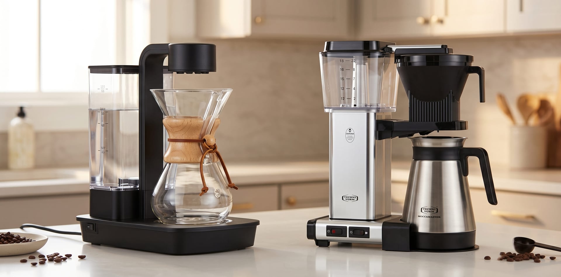 Chemex Ottomatic vs Technivorm Moccamaster side-by-side comparison on kitchen counter — automated pour-over Chemex versus Dutch-engineered SCA-certified drip coffee maker